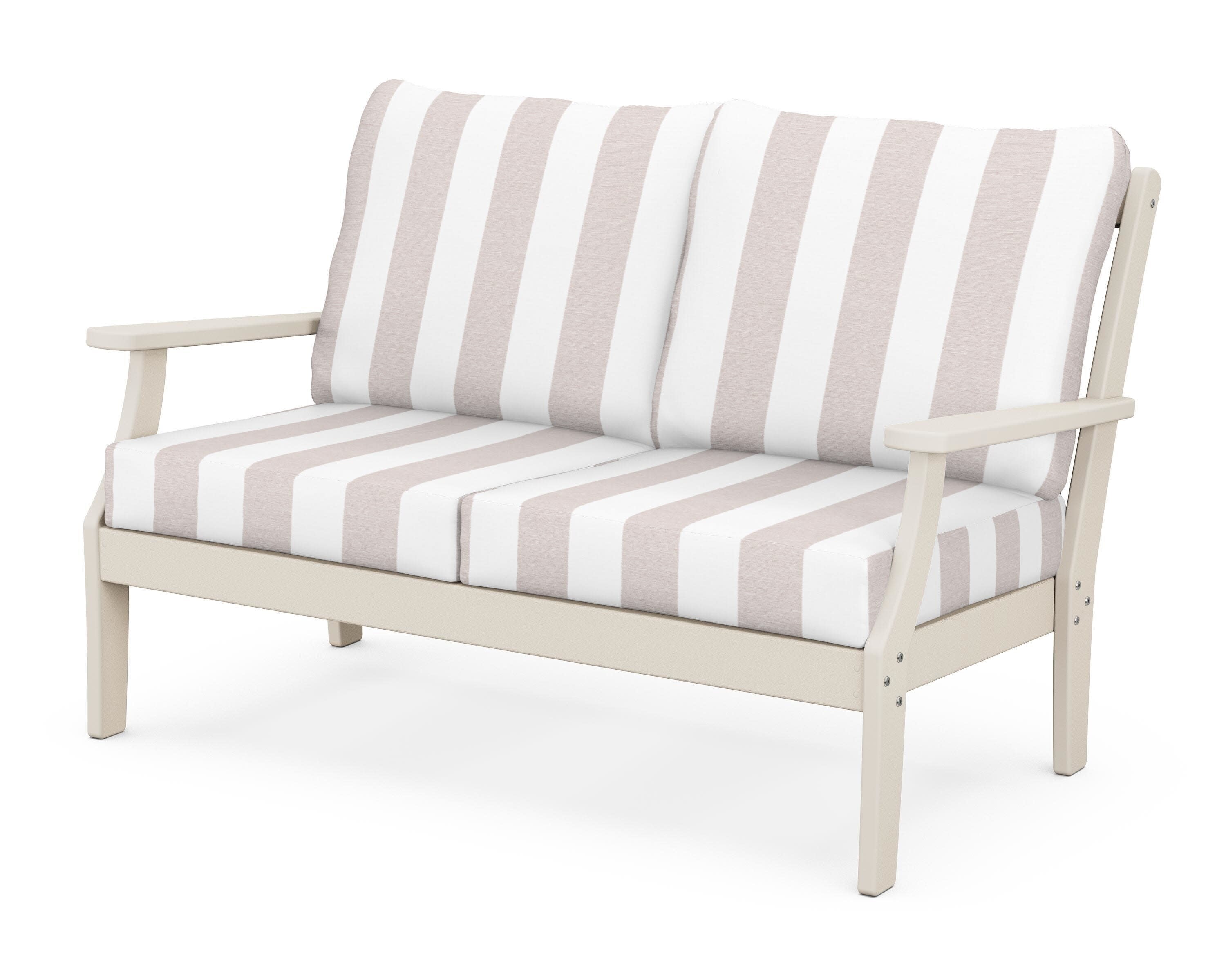 Yacht Club Deep Seating Loveseat in Sand Castle / Cabana Stripe Dune Burlap