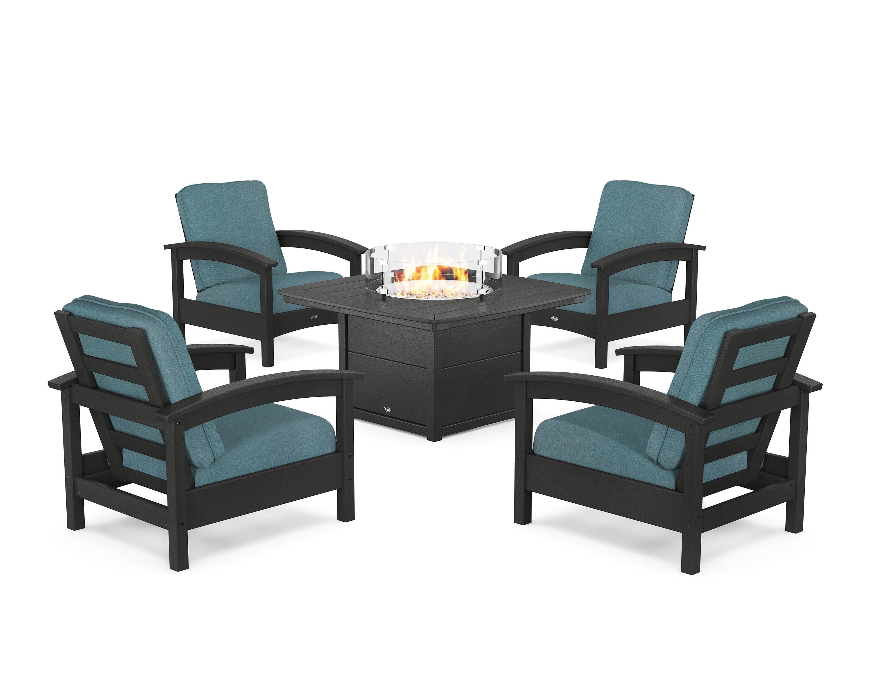 Rockport 5-Piece Deep Seating Set with Yacht Club Fire Pit Table in Charcoal Black / Ocean Teal