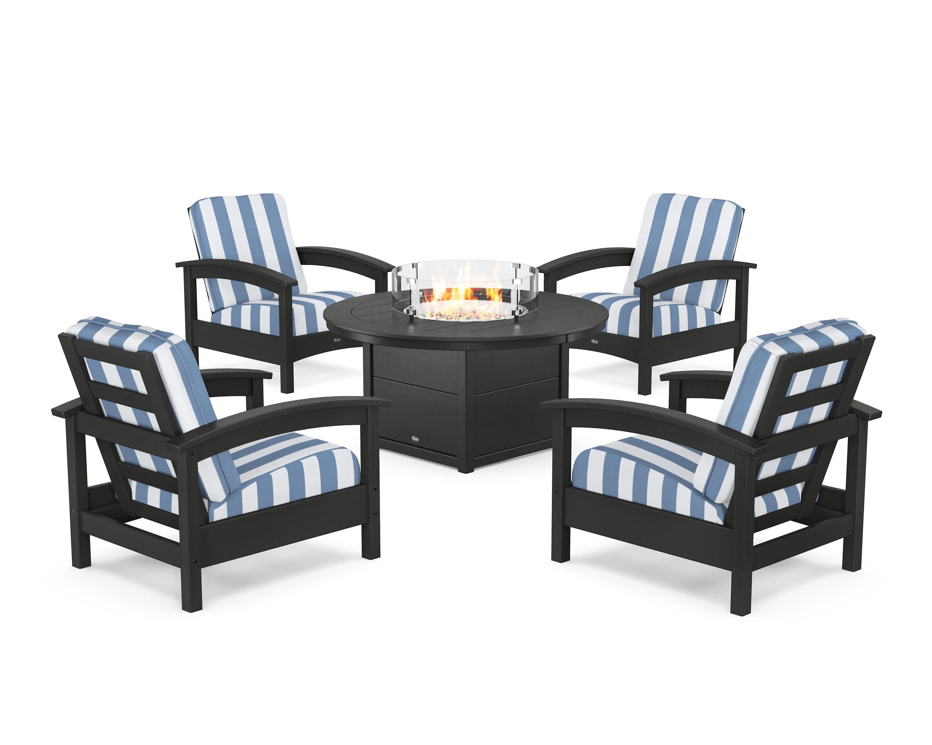 Rockport 5-Piece Deep Seating Set with Round Fire Pit Table in Charcoal Black / Cabana Stripe Sky Blue