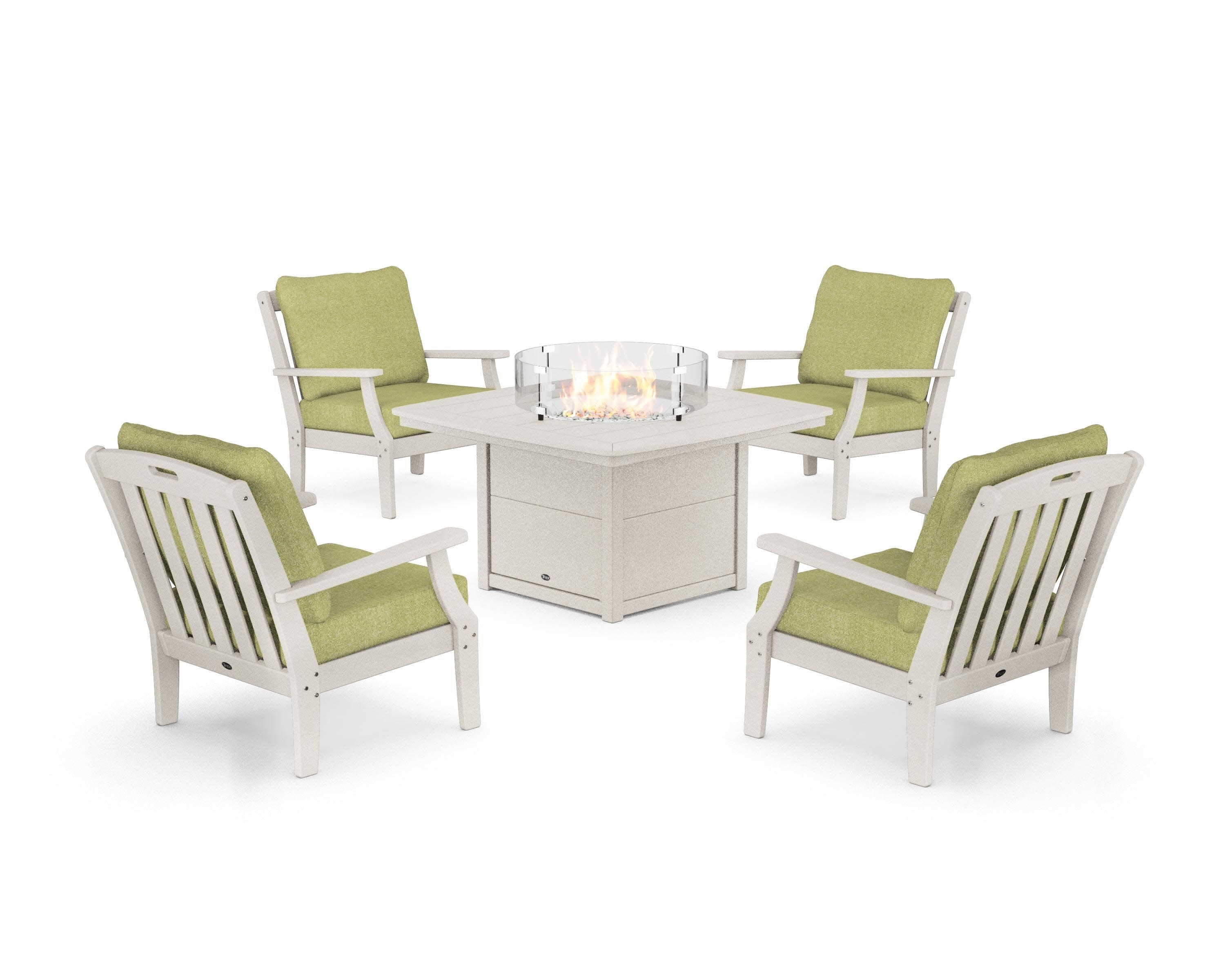 Yacht Club 5-Piece Deep Seating Set with Fire Pit Table in Sand Castle / Chartreuse Boucle