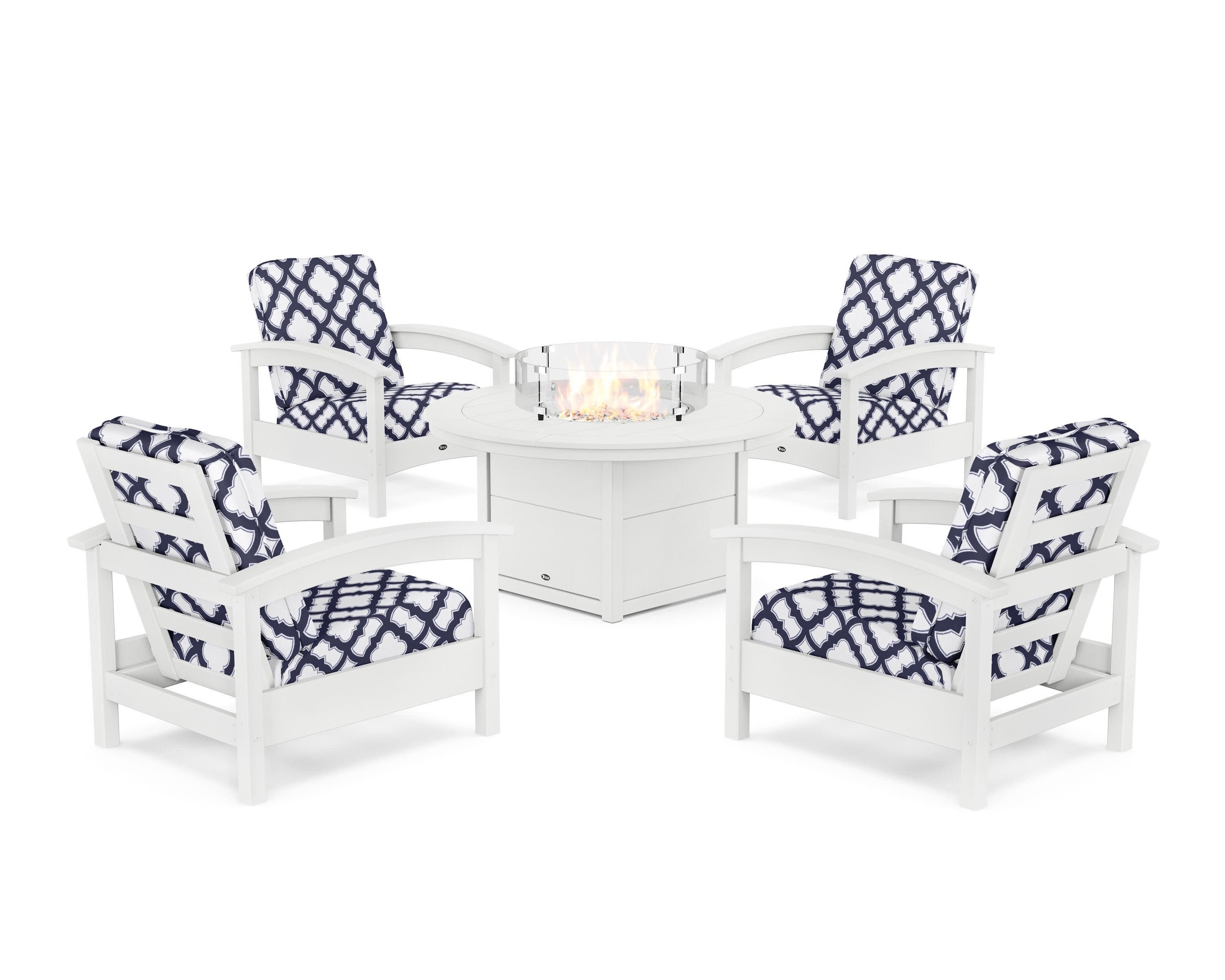 Rockport 5-Piece Deep Seating Set with Round Fire Pit Table in Classic White / Trellis Navy