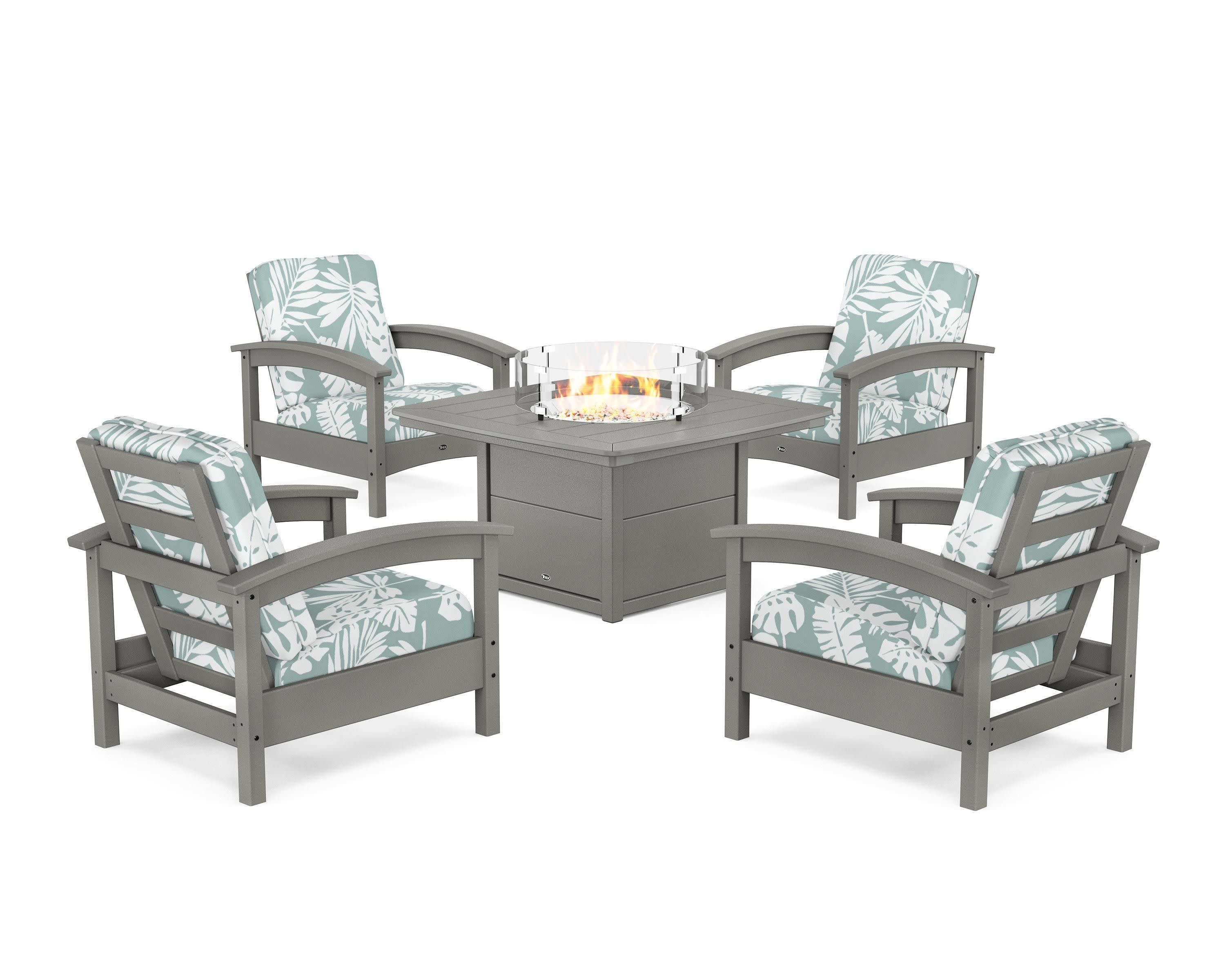 Rockport 5-Piece Deep Seating Set with Yacht Club Fire Pit Table in Stepping Stone / Leaf Glacier Spa