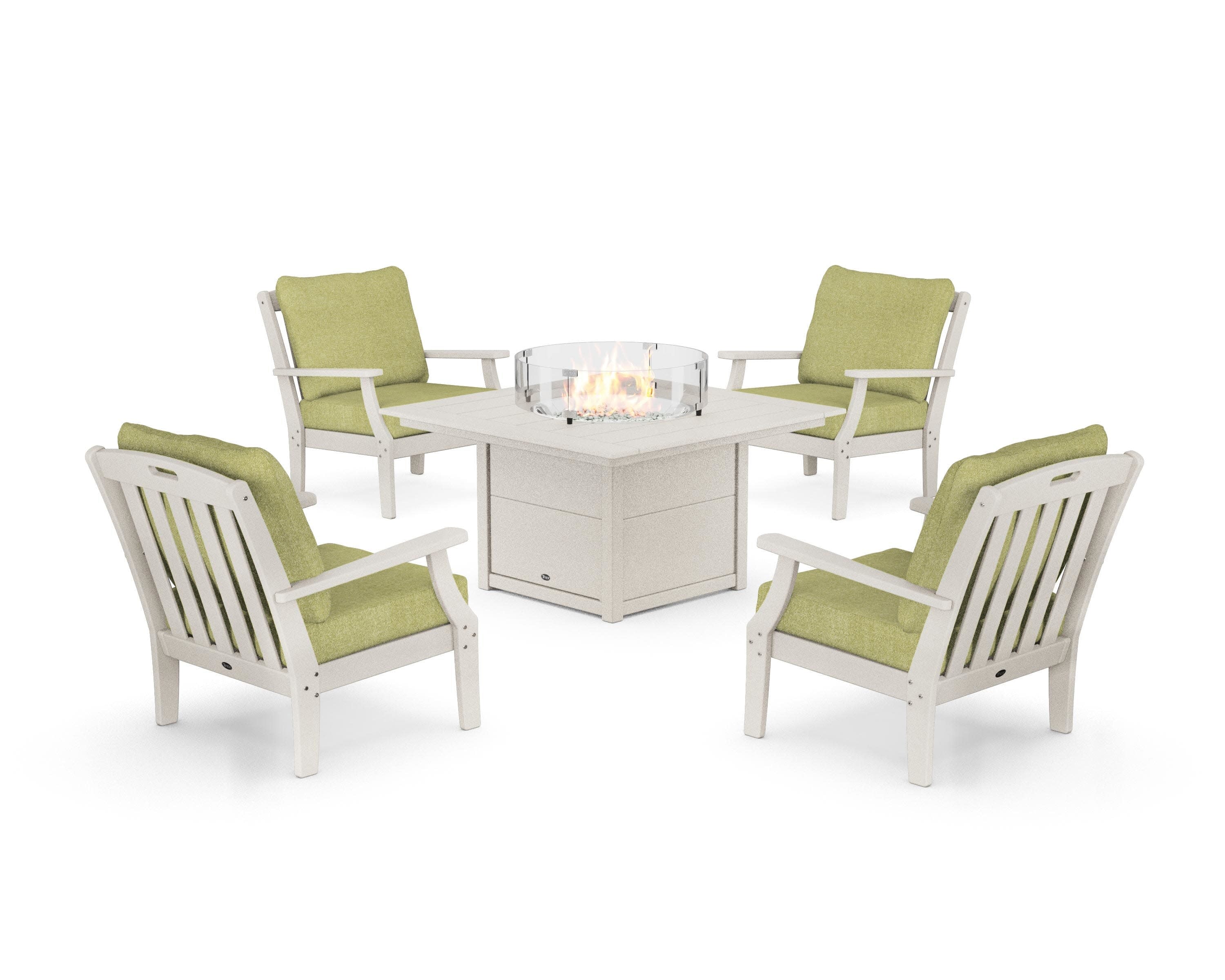 Yacht Club 5-Piece Deep Seating Set with Square Fire Pit Table in Sand Castle / Chartreuse Boucle