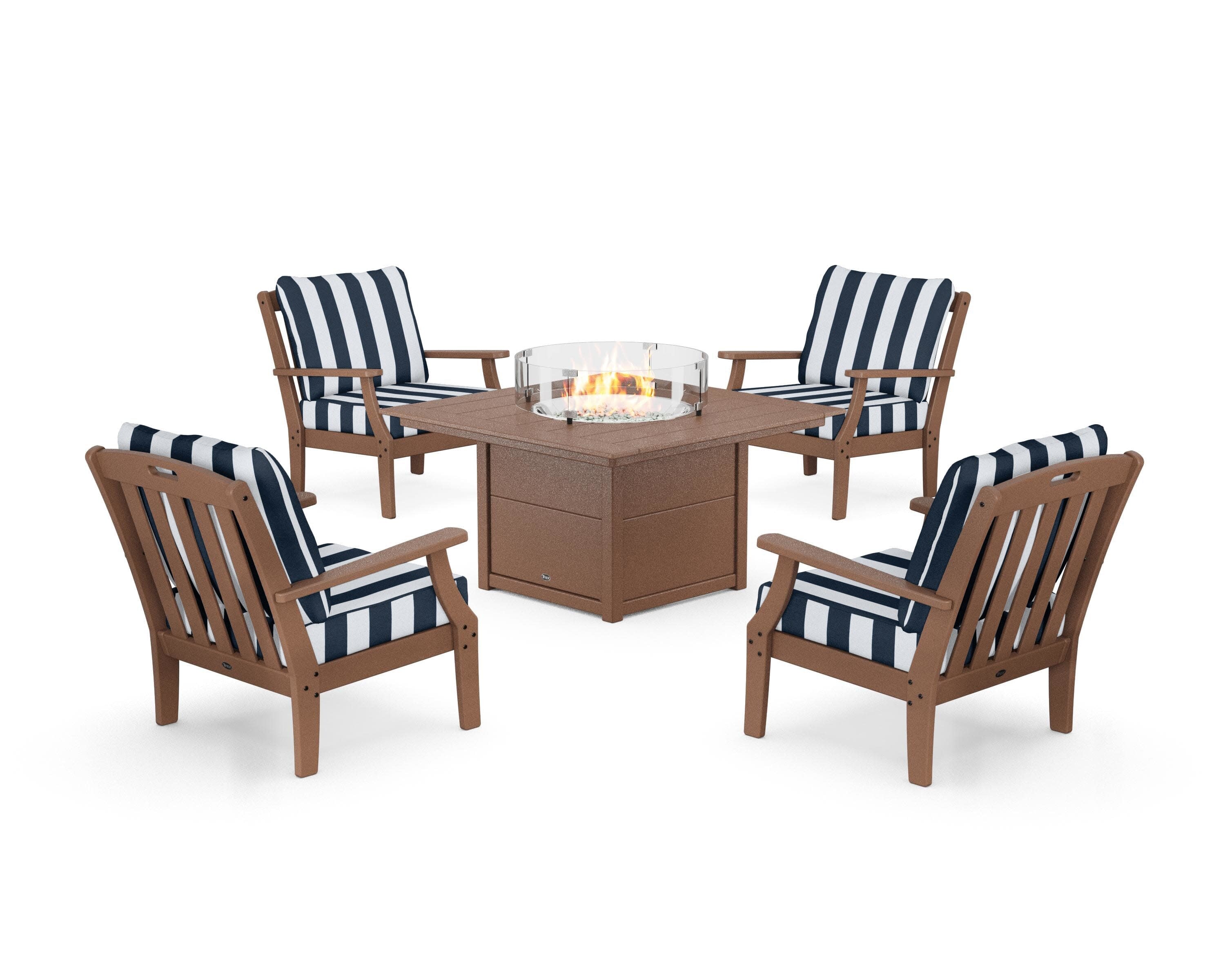 Yacht Club 5-Piece Deep Seating Set with Square Fire Pit Table in Tree House / Cabana Stripe Marine Indigo