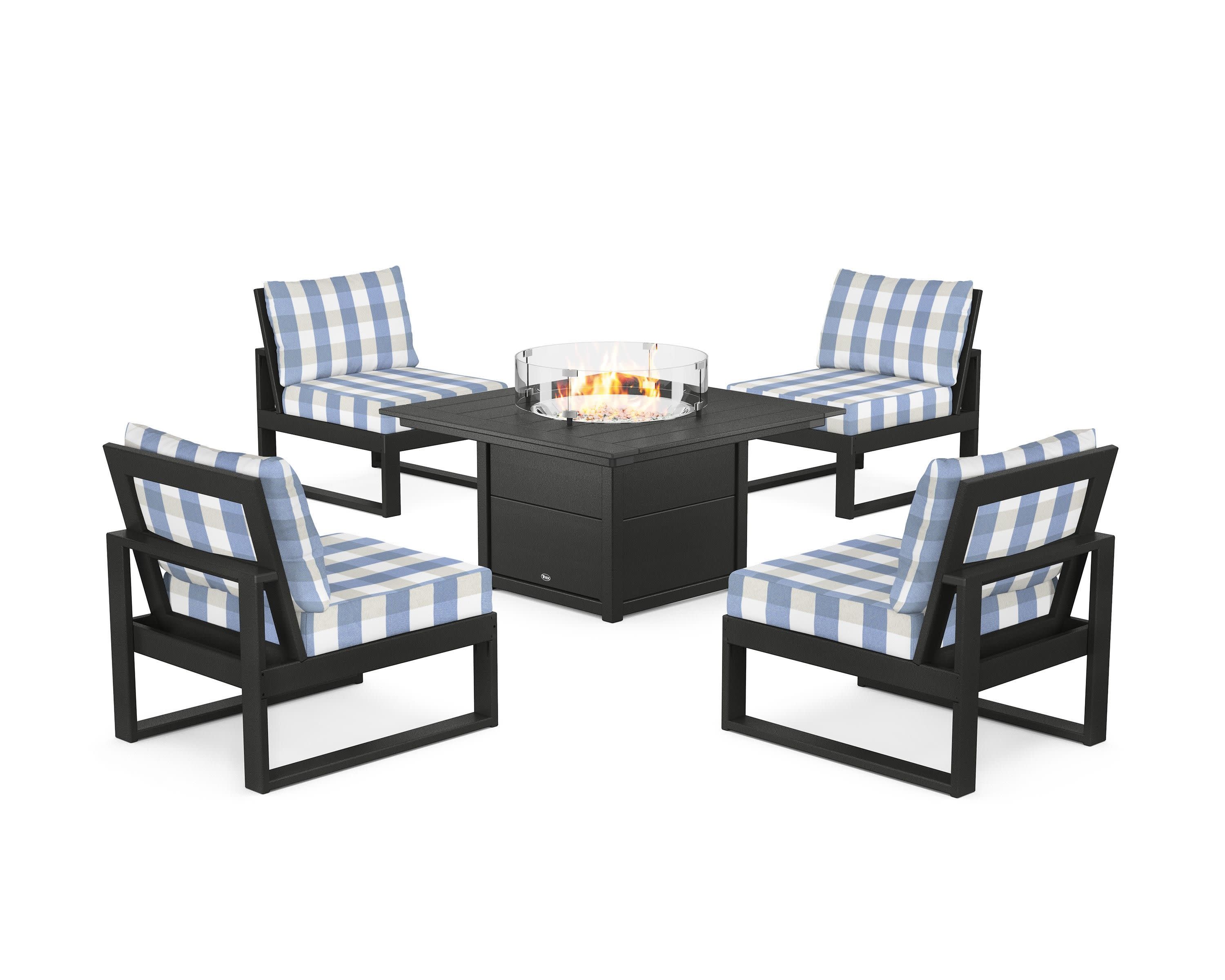 Eastport Modular 5-Piece Deep Seating Set with Square Fire Pit Table in Charcoal Black / Buffalo Plaid Sky Blue