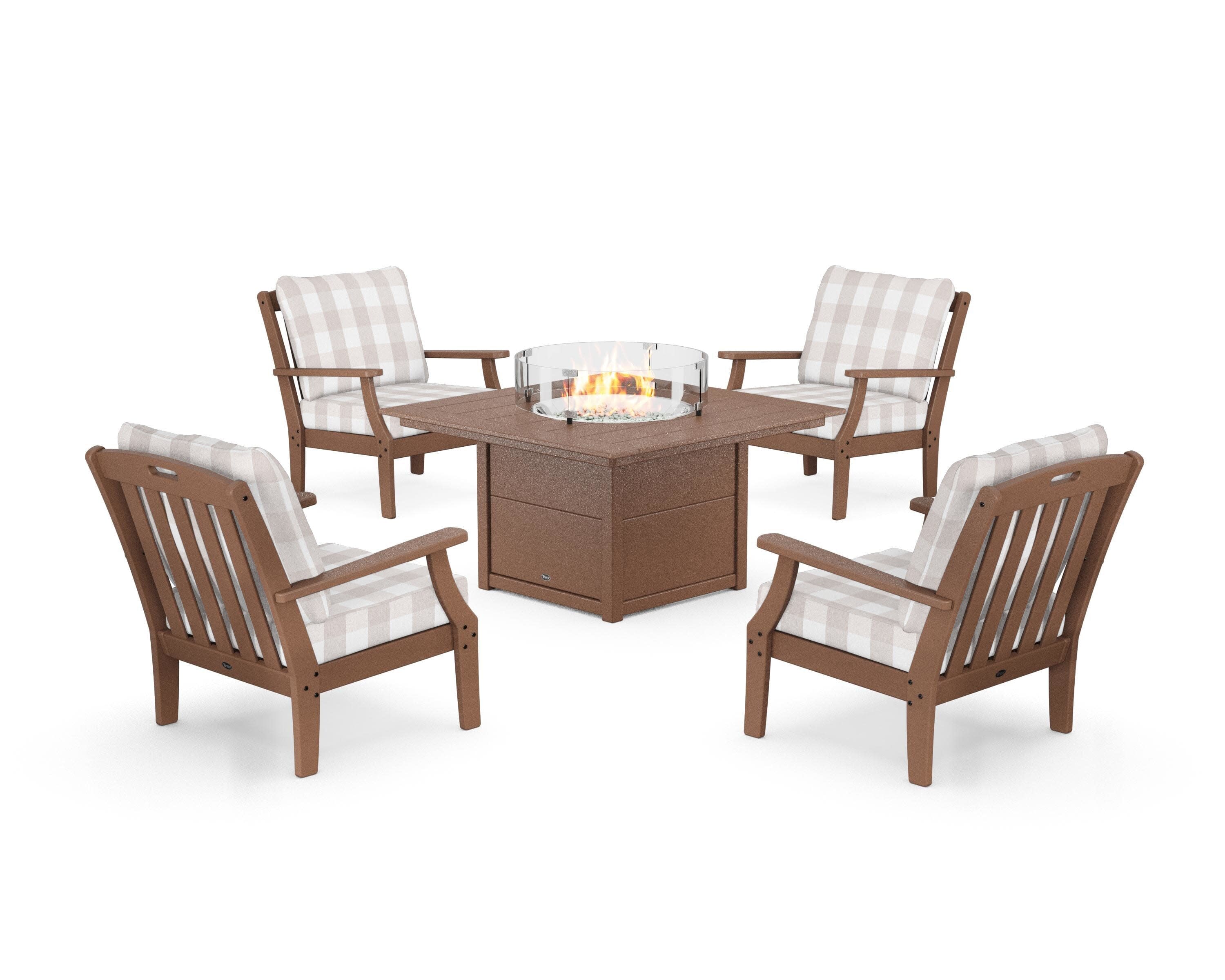 Yacht Club 5-Piece Deep Seating Set with Square Fire Pit Table in Tree House / Buffalo Plaid Dune Burlap