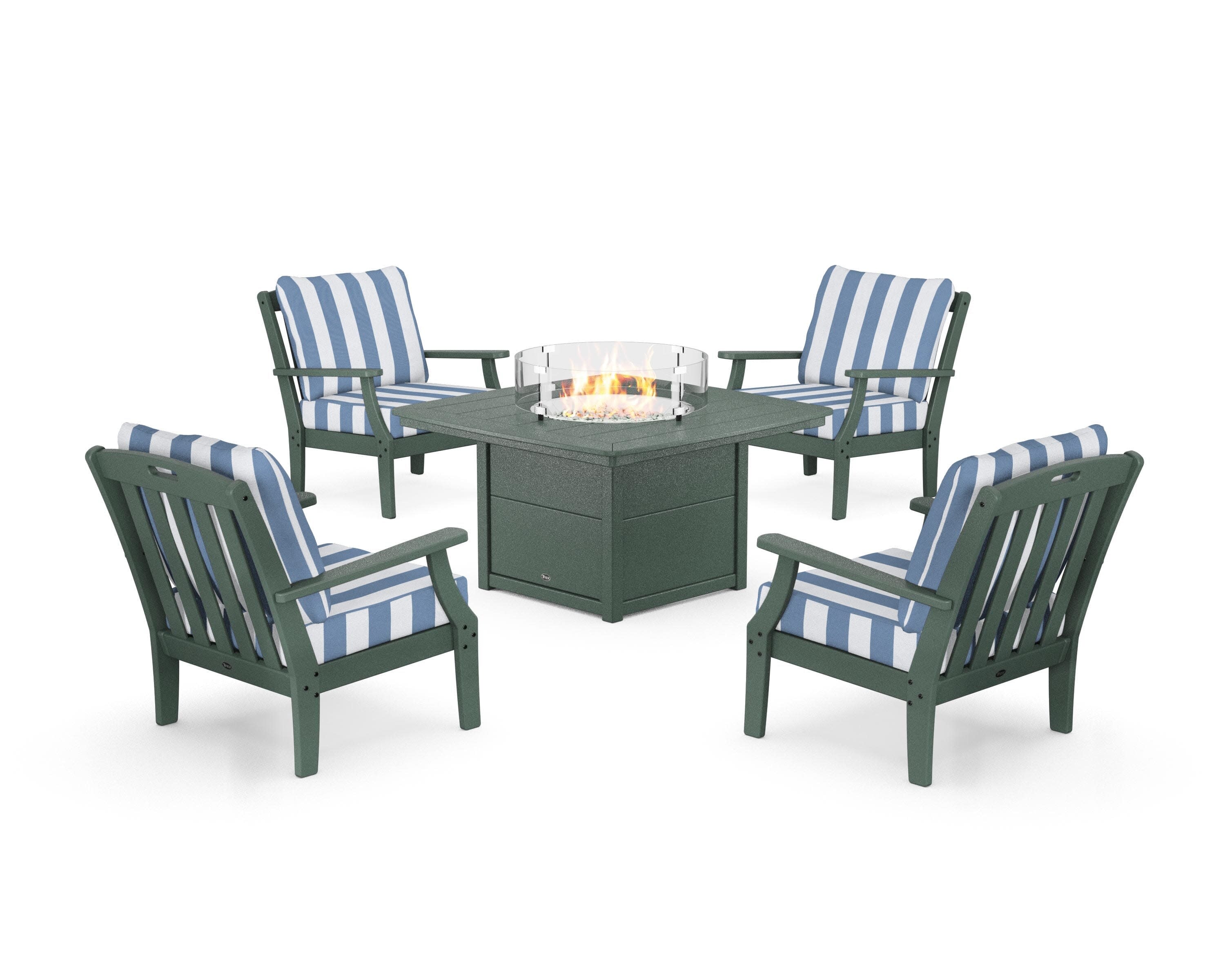 Yacht Club 5-Piece Deep Seating Set with Fire Pit Table in Rainforest Canopy / Cabana Stripe Sky Blue