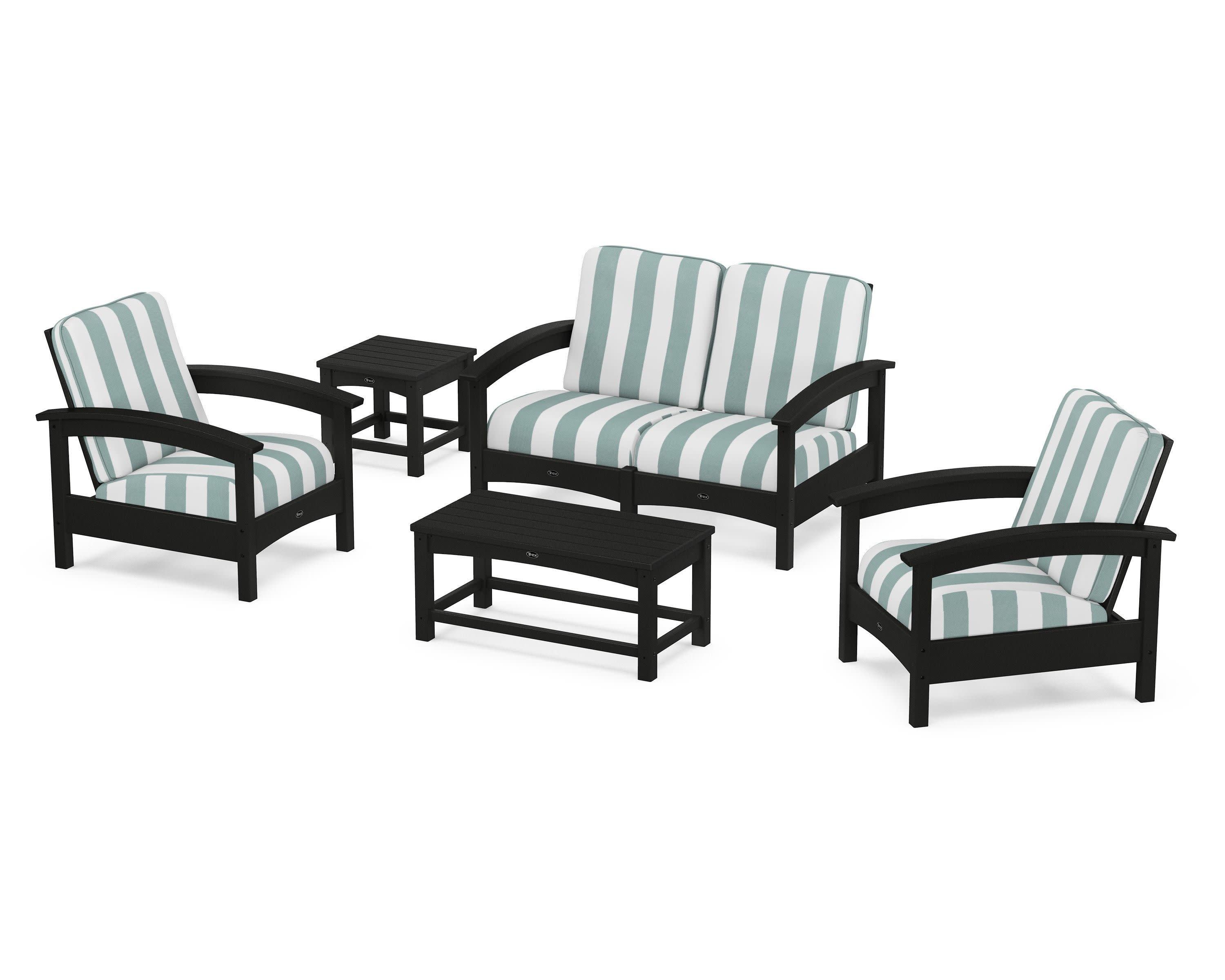 Rockport Club 6-Piece Deep Seating Conversation Set in Charcoal Black / Cabana Stripe Glacier Spa