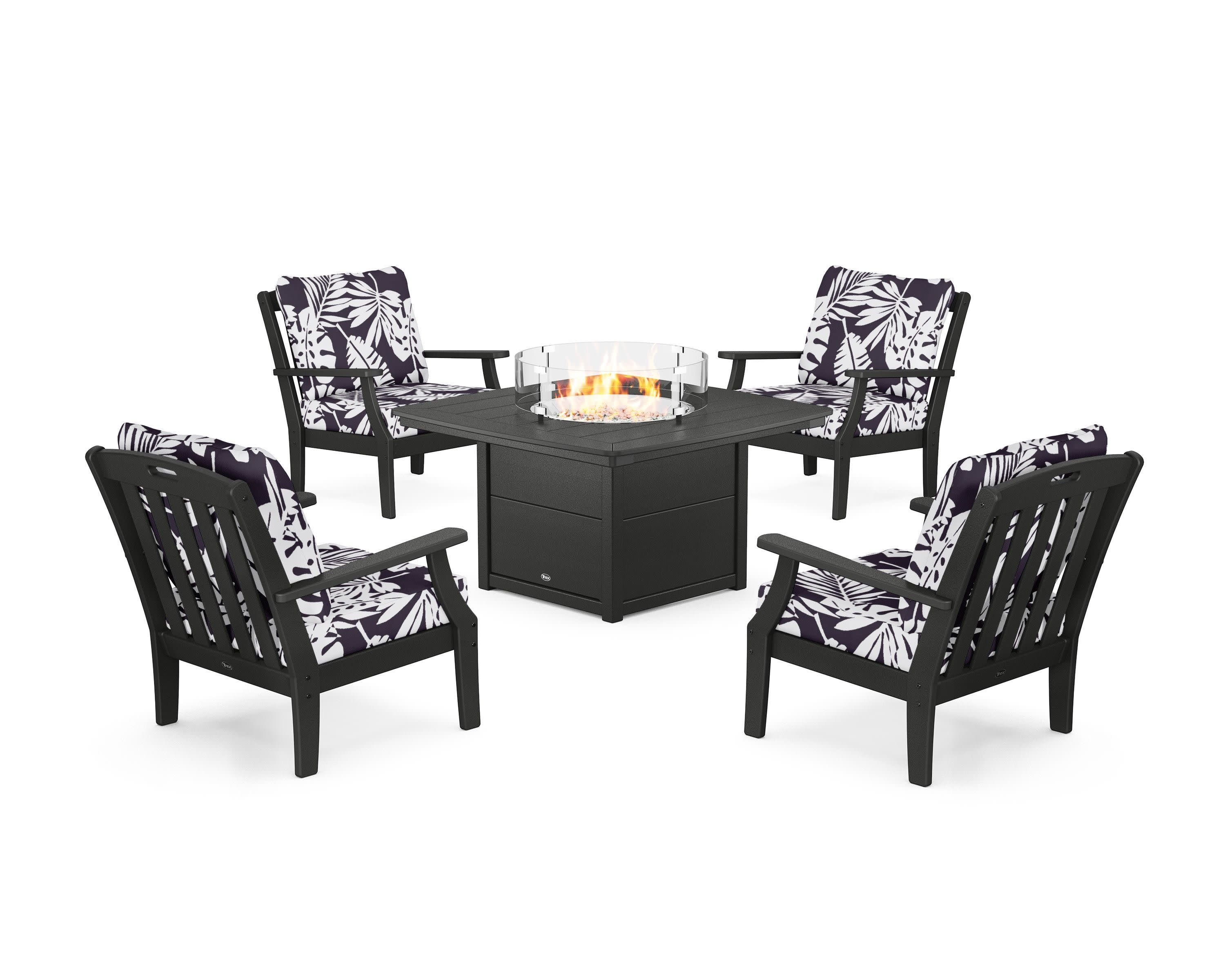 Yacht Club 5-Piece Deep Seating Set with Fire Pit Table in Charcoal Black / Leaf Navy