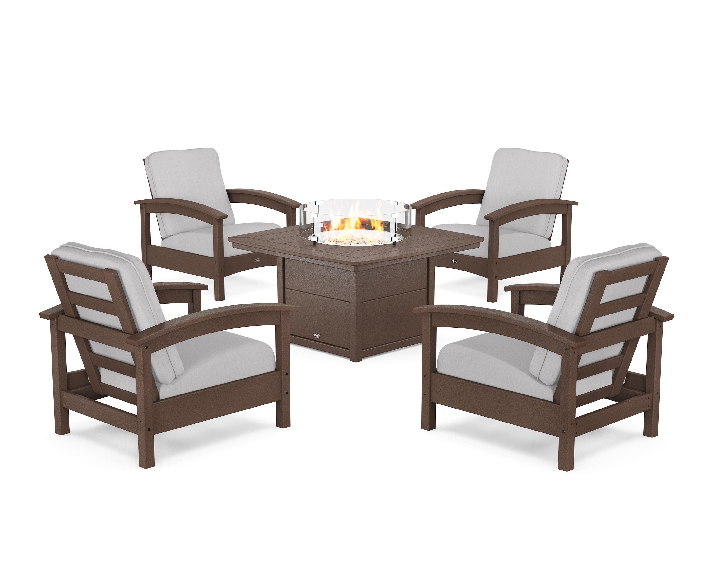 Rockport 5-Piece Deep Seating Set with Yacht Club Fire Pit Table in Vintage Lantern / Granite