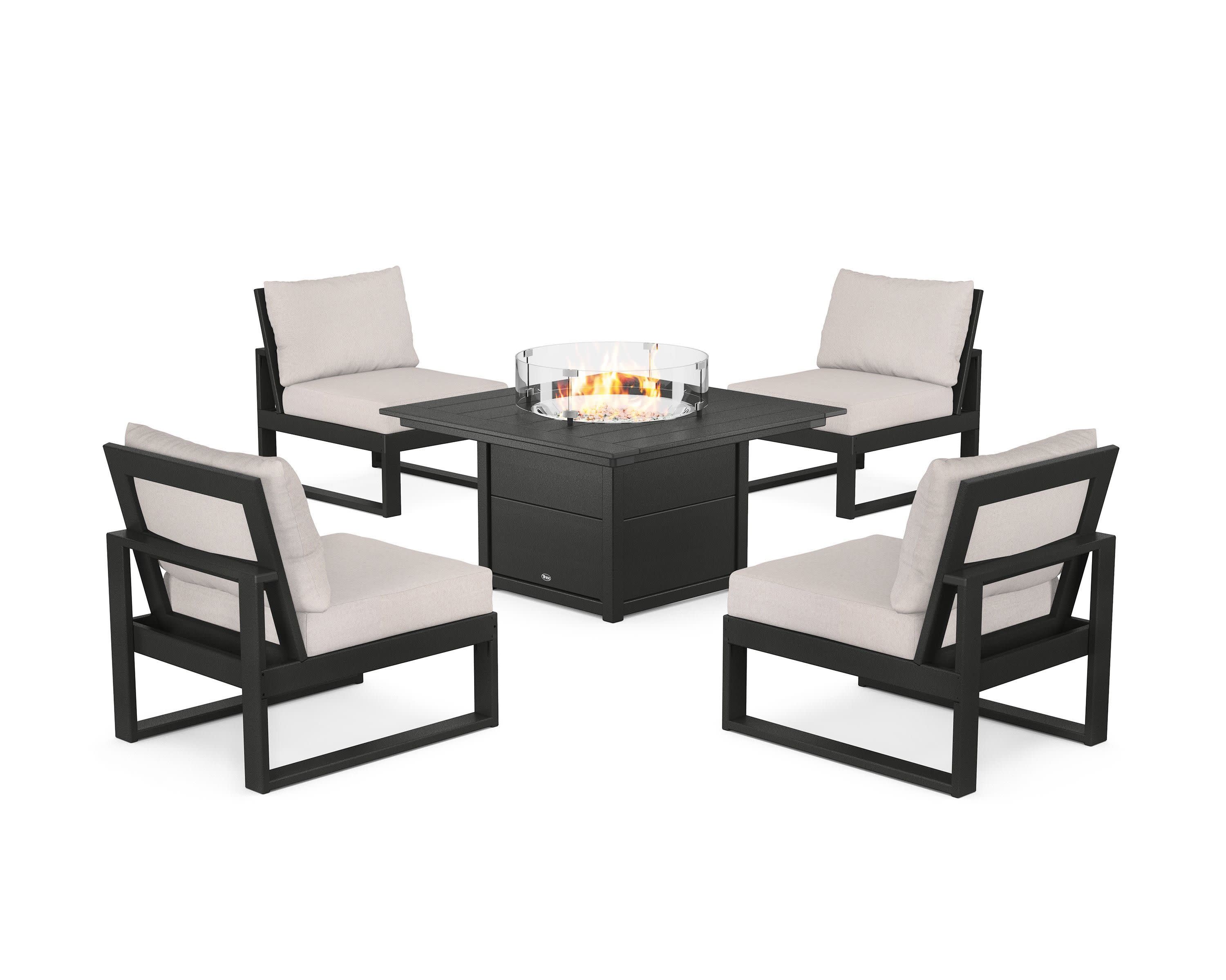 Eastport Modular 5-Piece Deep Seating Set with Square Fire Pit Table in Charcoal Black / Dune Burlap