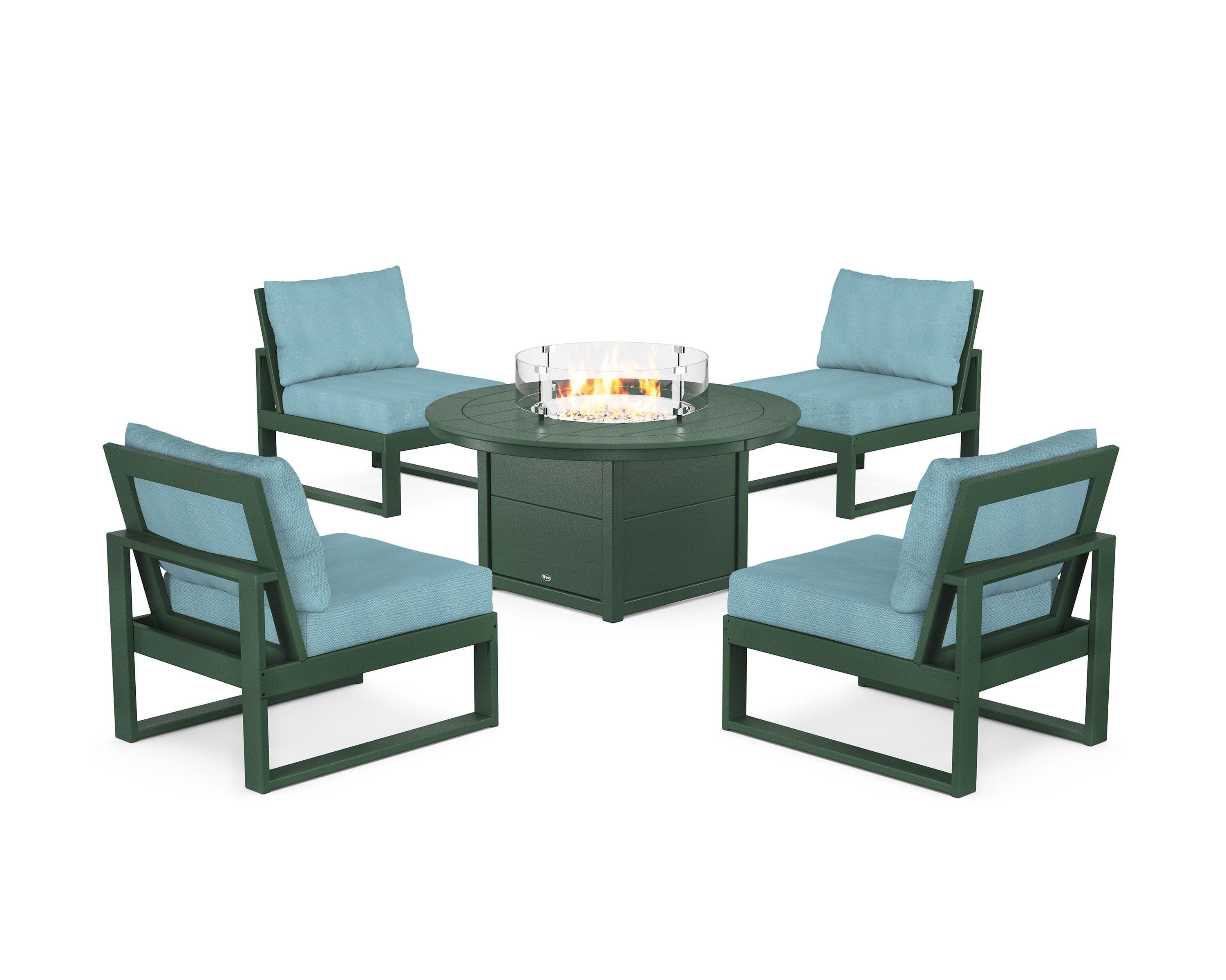 Eastport Modular 5-Piece Deep Seating Set with Round Fire Pit Table in Rainforest Canopy / Lattice Sky Blue