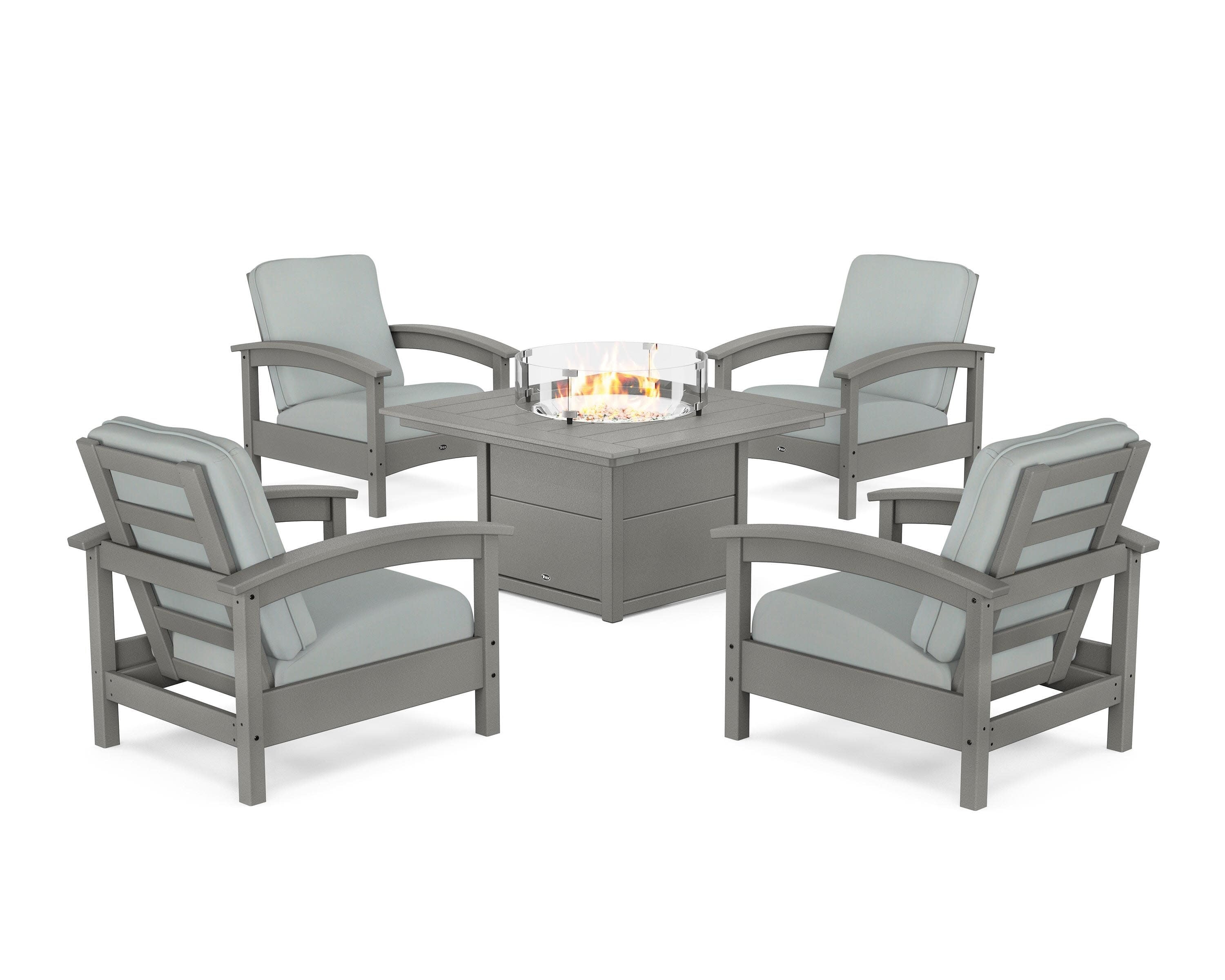 Rockport 5-Piece Deep Seating Set with Square Fire Pit Table in Stepping Stone / Spa