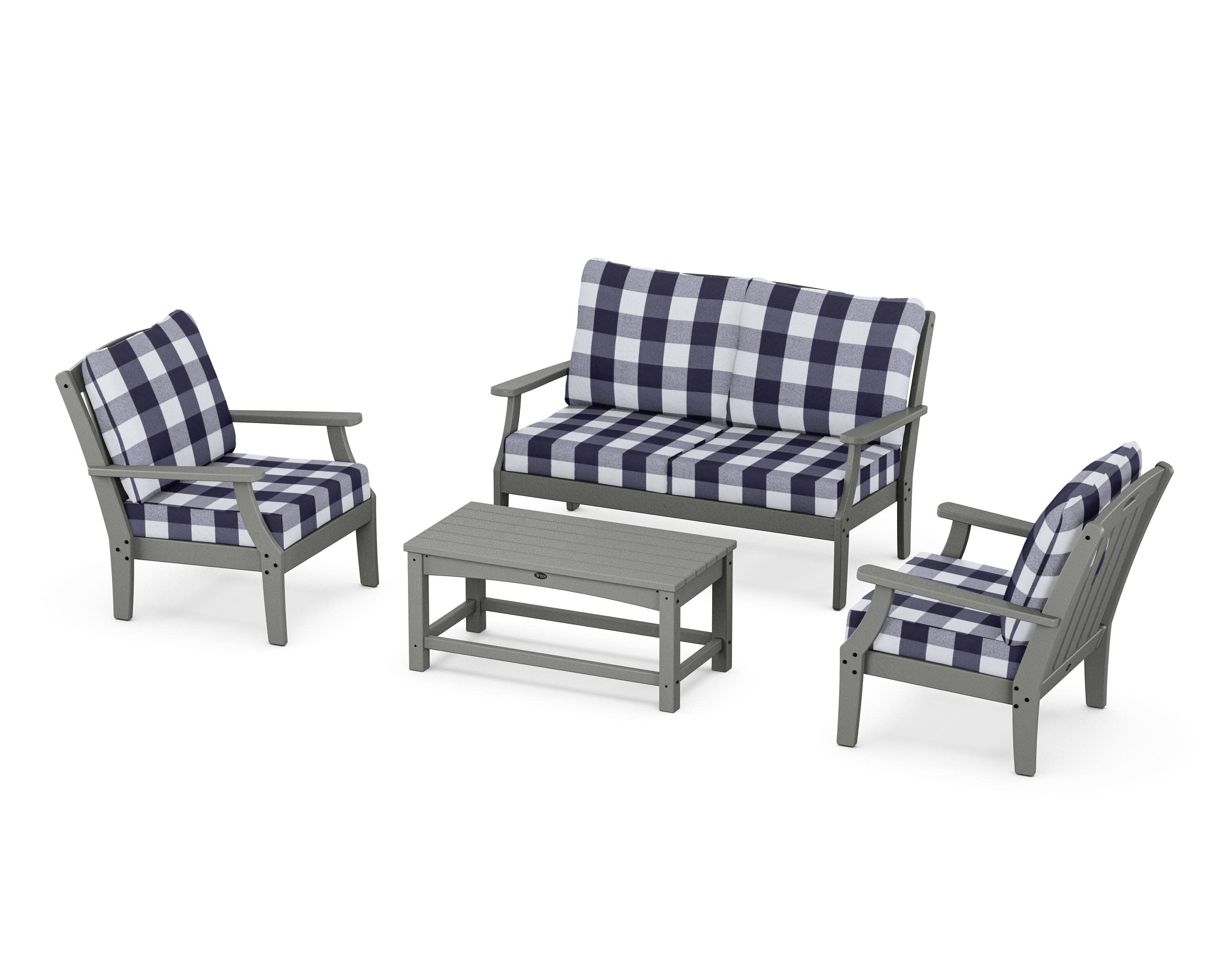 Yacht Club 4-Piece Deep Seating Chair Set in Stepping Stone / Buffalo Plaid Navy