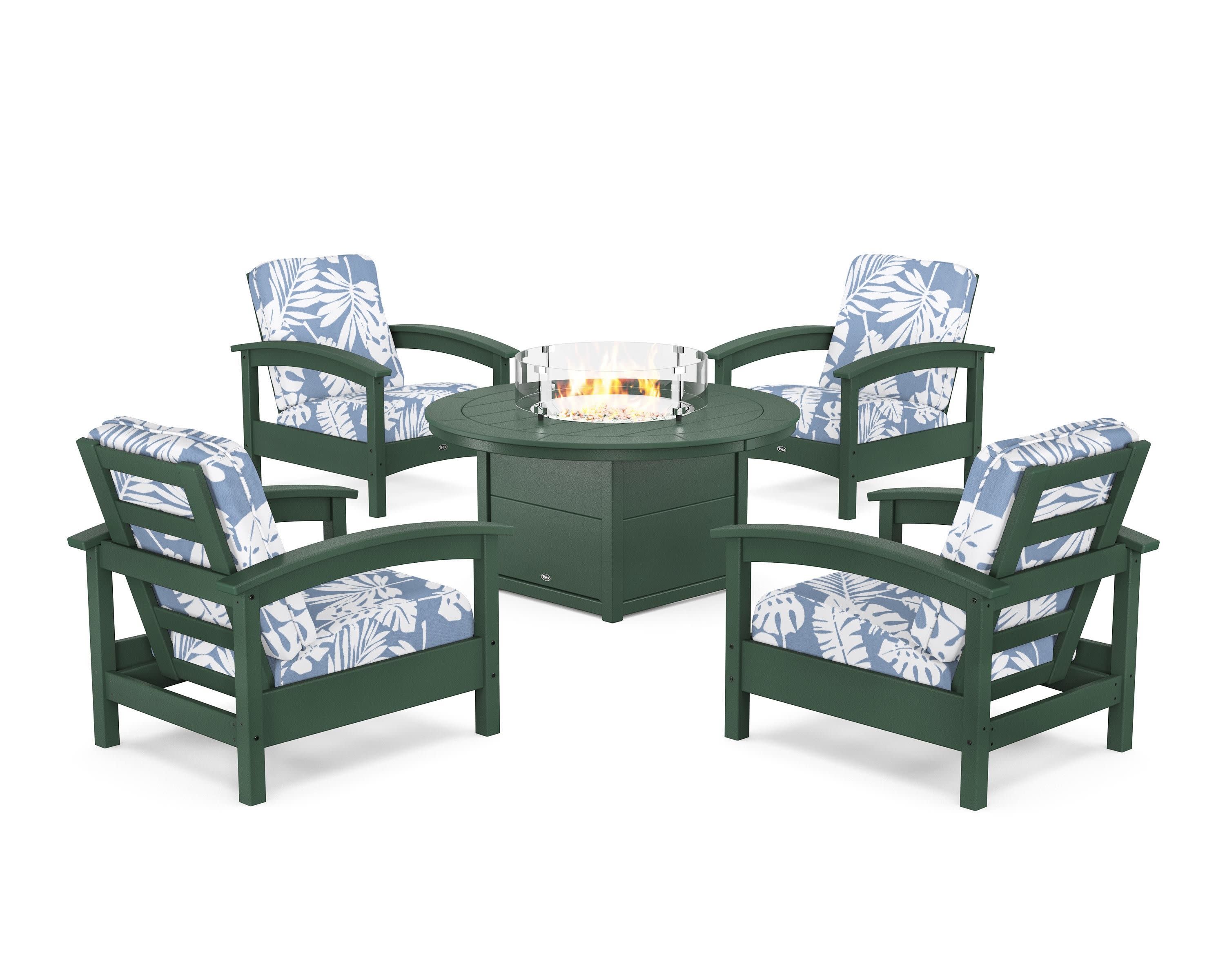 Rockport 5-Piece Deep Seating Set with Round Fire Pit Table in Rainforest Canopy / Leaf Sky Blue