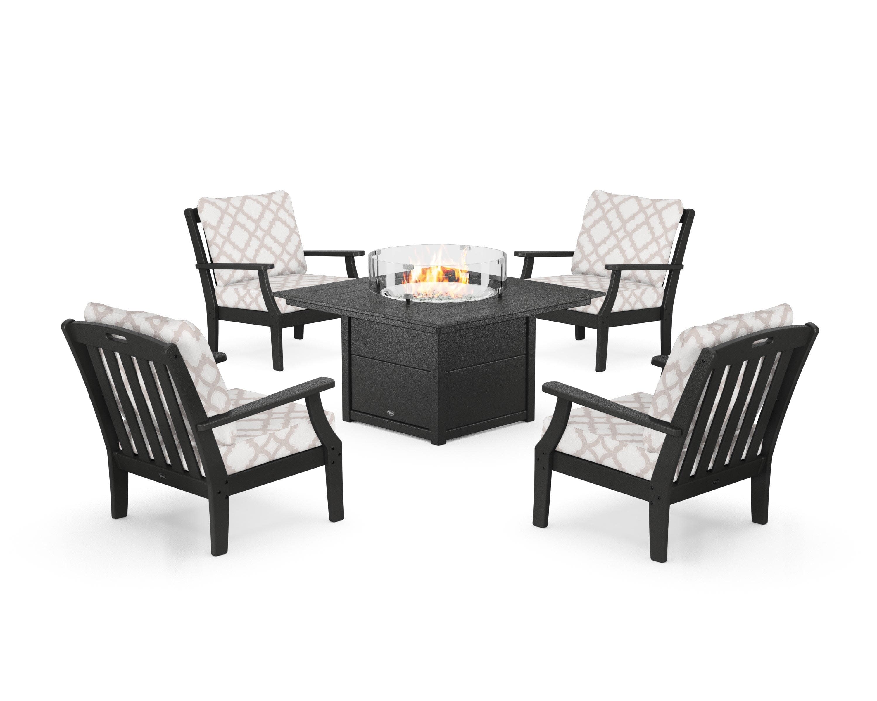 Yacht Club 5-Piece Deep Seating Set with Square Fire Pit Table in Charcoal Black / Trellis Dune Burlap