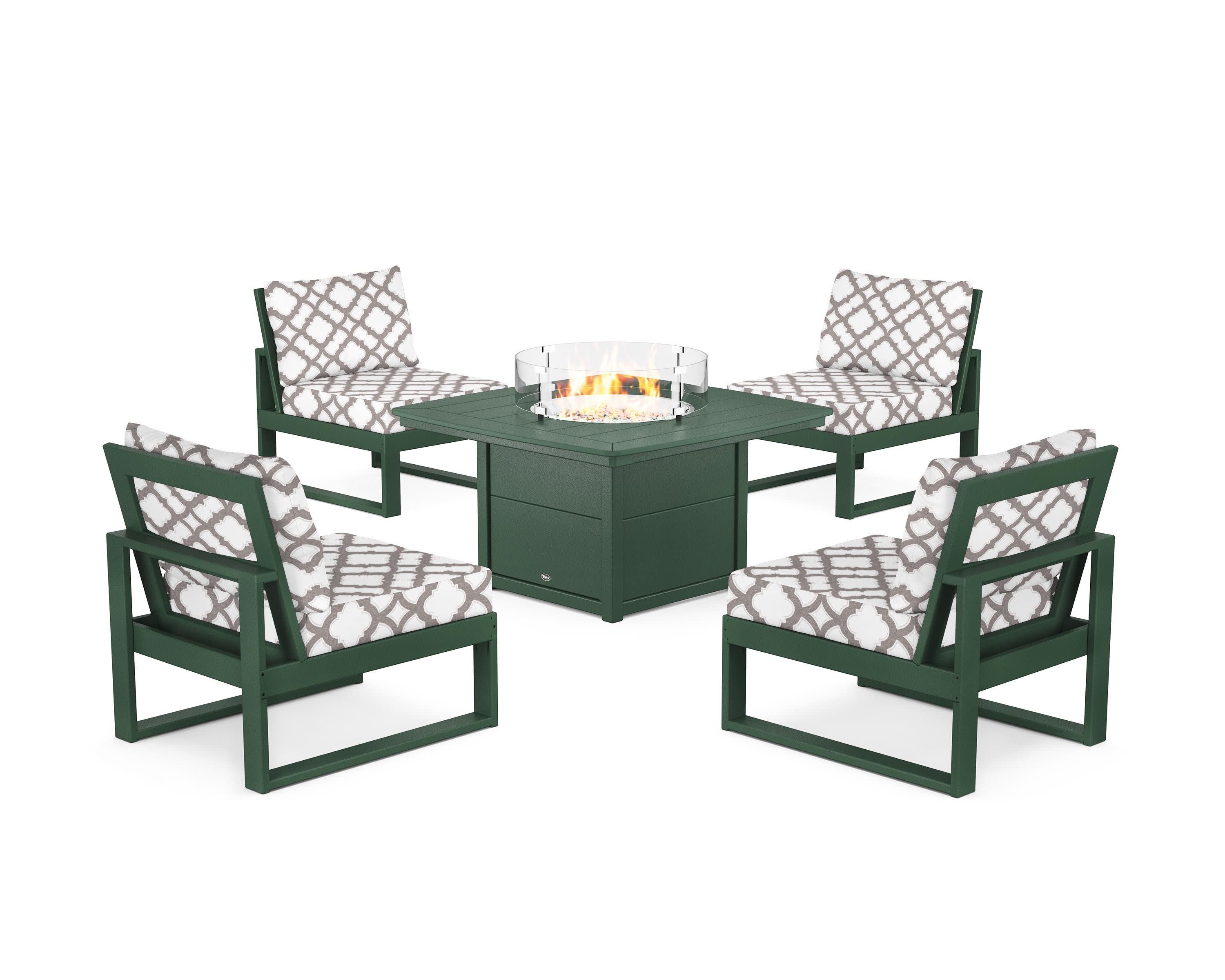 Eastport Modular 5-Piece Deep Seating Set with Yacht Club Fire Pit Table in Rainforest Canopy / Trellis Grey Mist