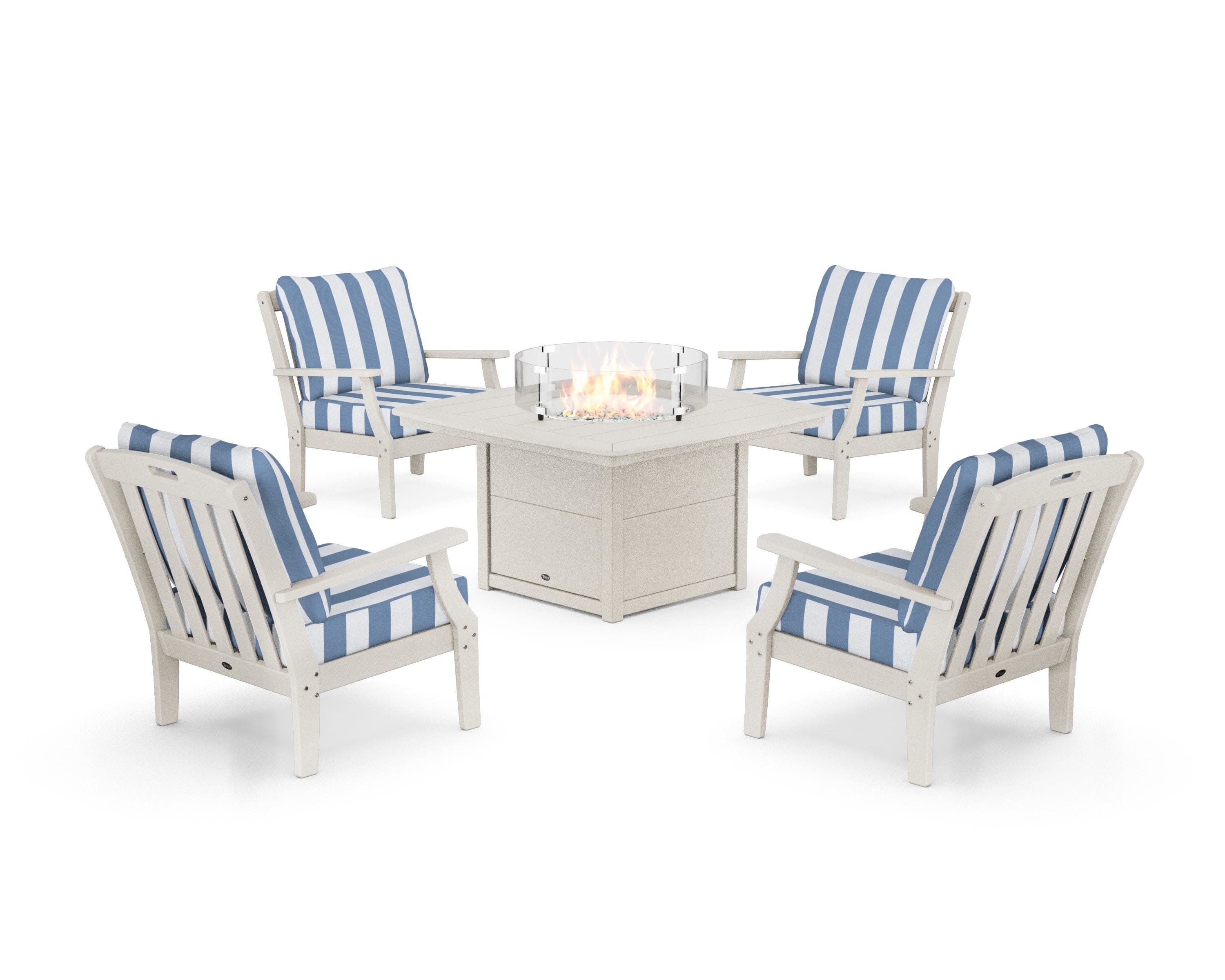 Yacht Club 5-Piece Deep Seating Set with Fire Pit Table in Sand Castle / Cabana Stripe Sky Blue