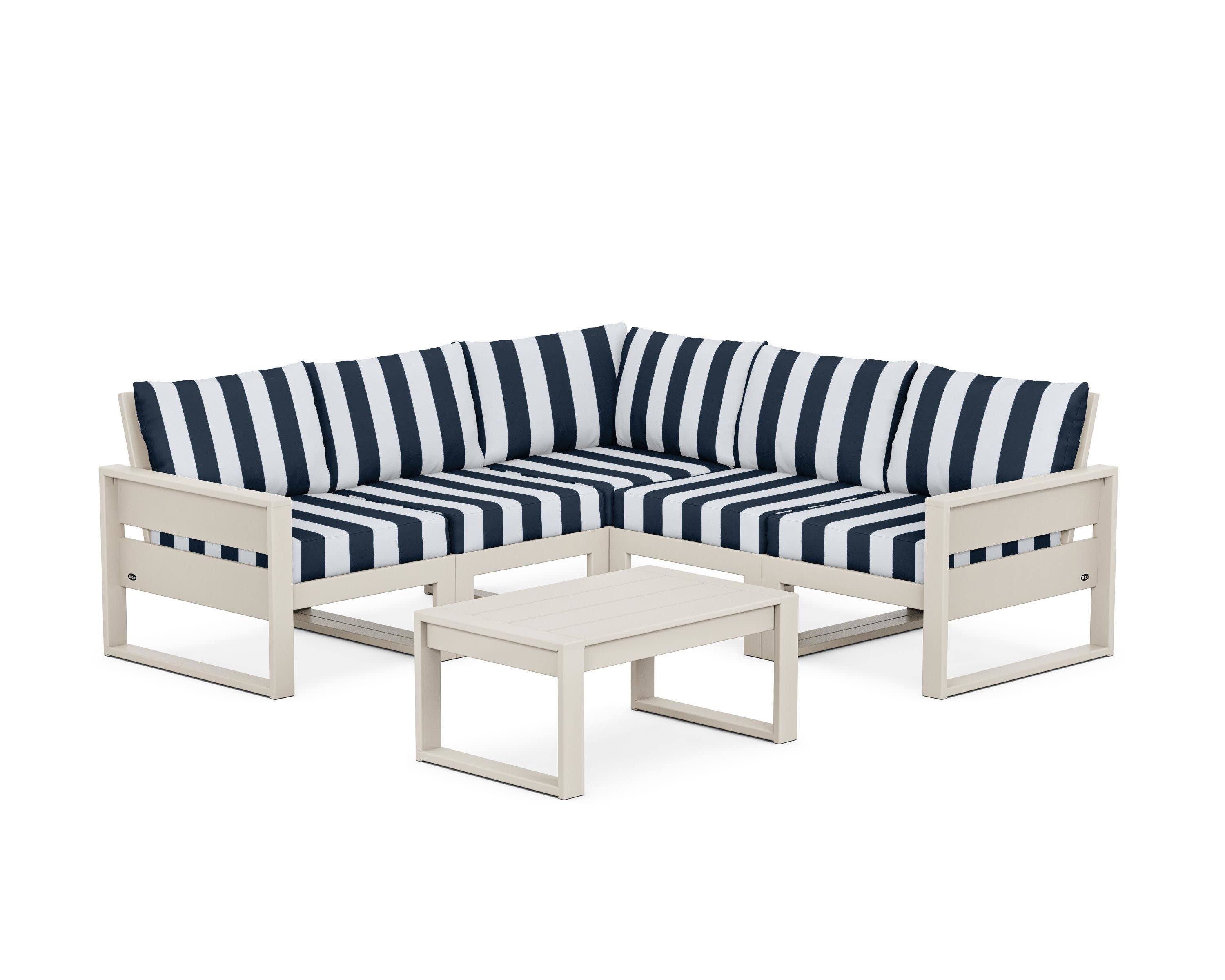 Eastport 6-Piece Deep Seating Sectional + Coffee Table Set in Sand Castle / Cabana Stripe Marine Indigo