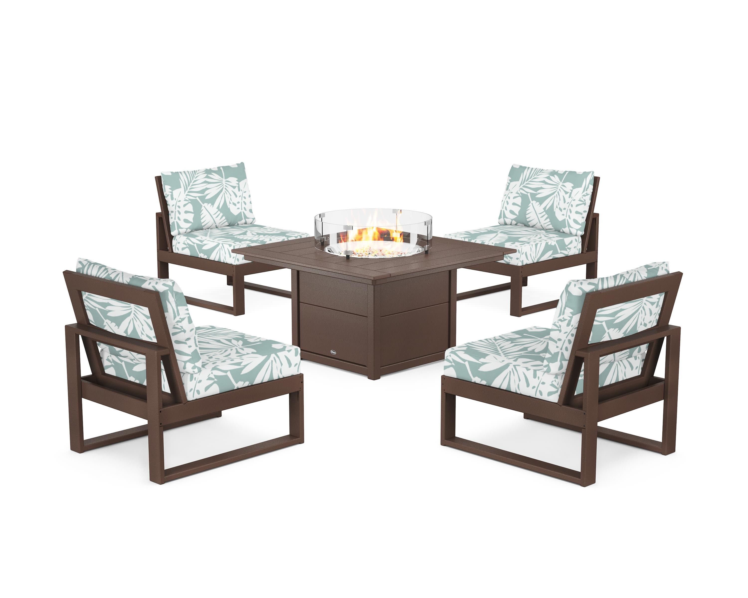 Eastport Modular 5-Piece Deep Seating Set with Square Fire Pit Table in Vintage Lantern / Leaf Glacier Spa