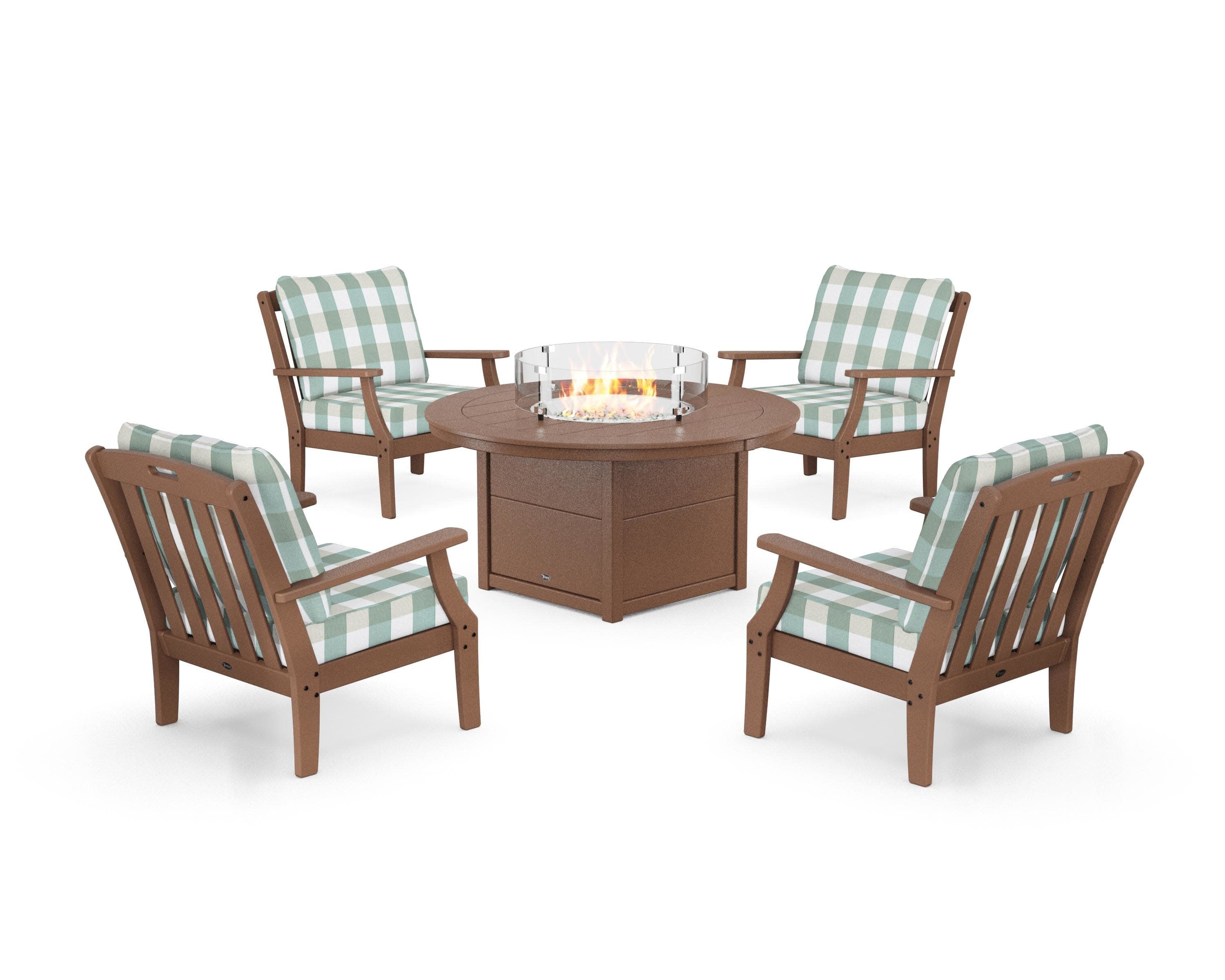 Yacht Club 5-Piece Deep Seating Set with Round Fire Pit Table in Tree House / Buffalo Plaid Glacier Spa