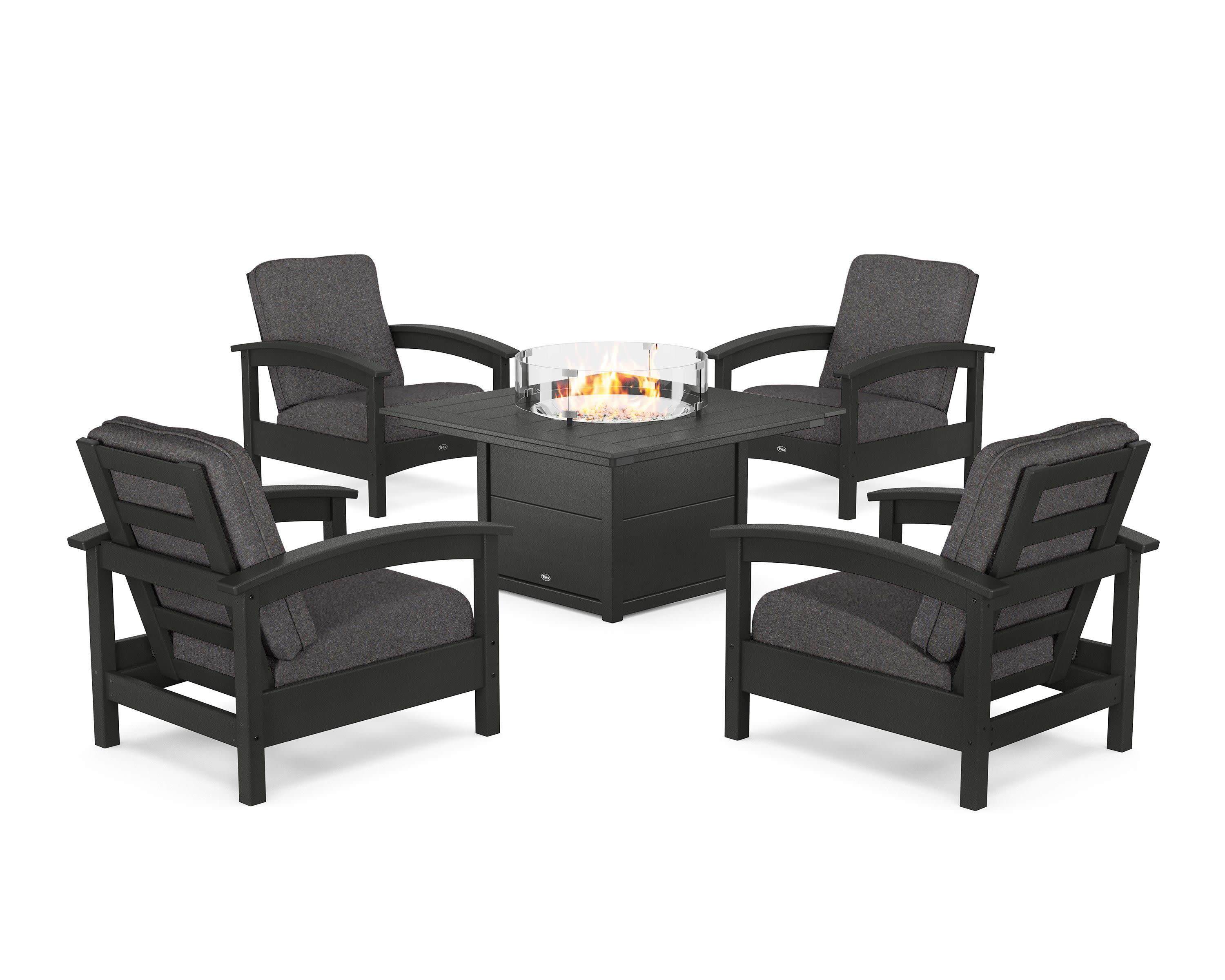 Rockport 5-Piece Deep Seating Set with Square Fire Pit Table in Charcoal Black / Ash Charcoal