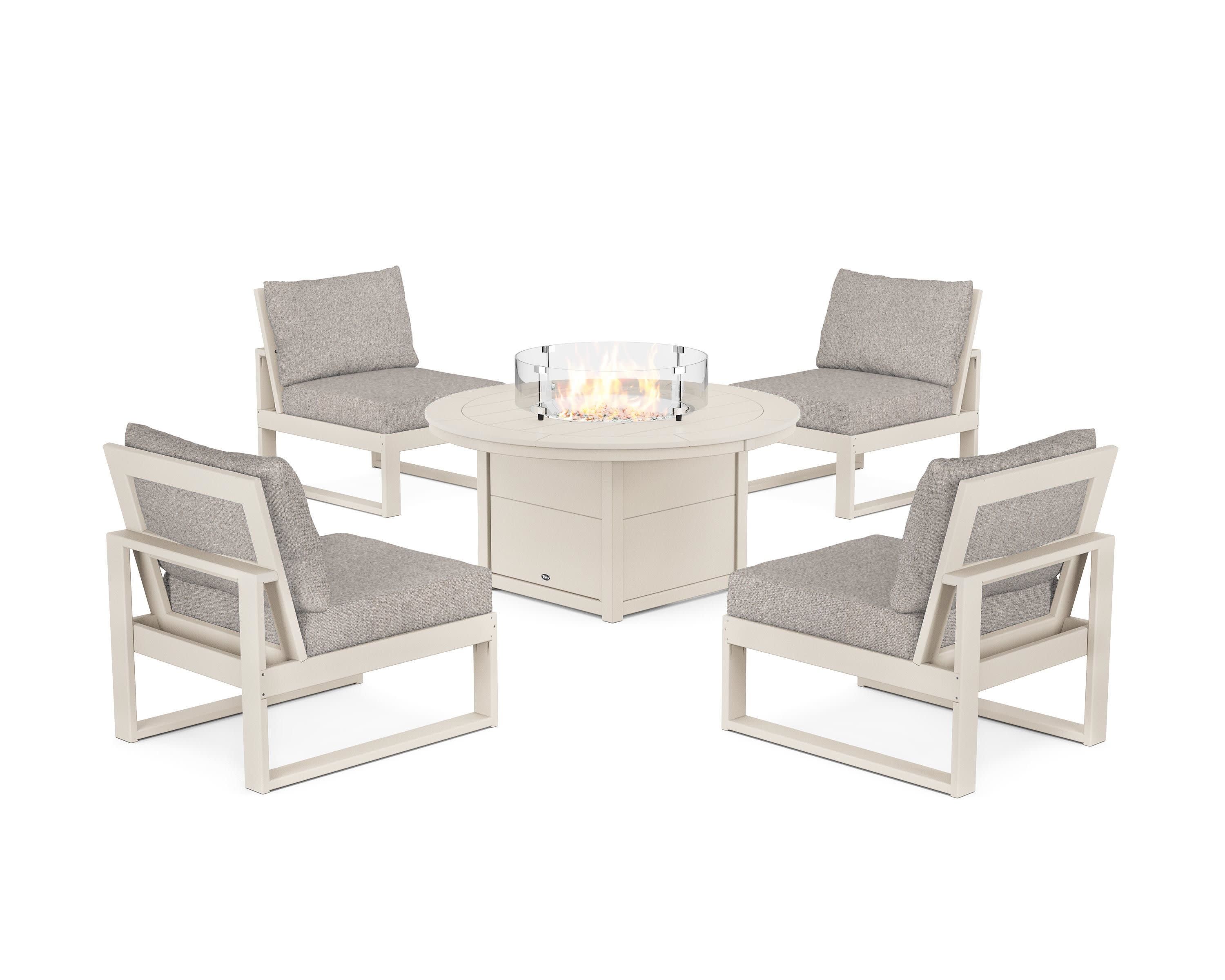Eastport Modular 5-Piece Deep Seating Set with Round Fire Pit Table in Sand Castle / Weathered Tweed