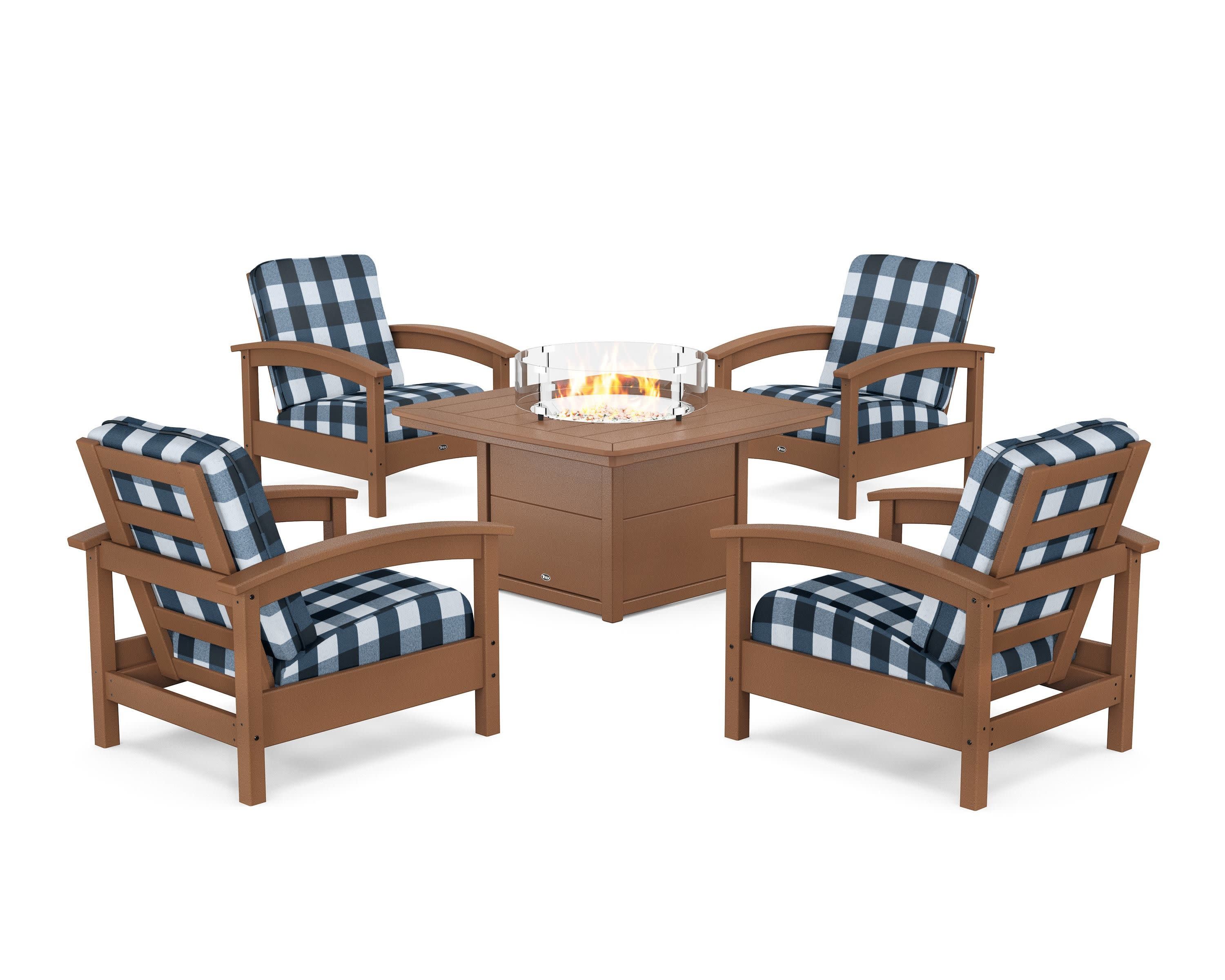 Rockport 5-Piece Deep Seating Set with Yacht Club Fire Pit Table in Tree House / Buffalo Plaid Marine Indigo