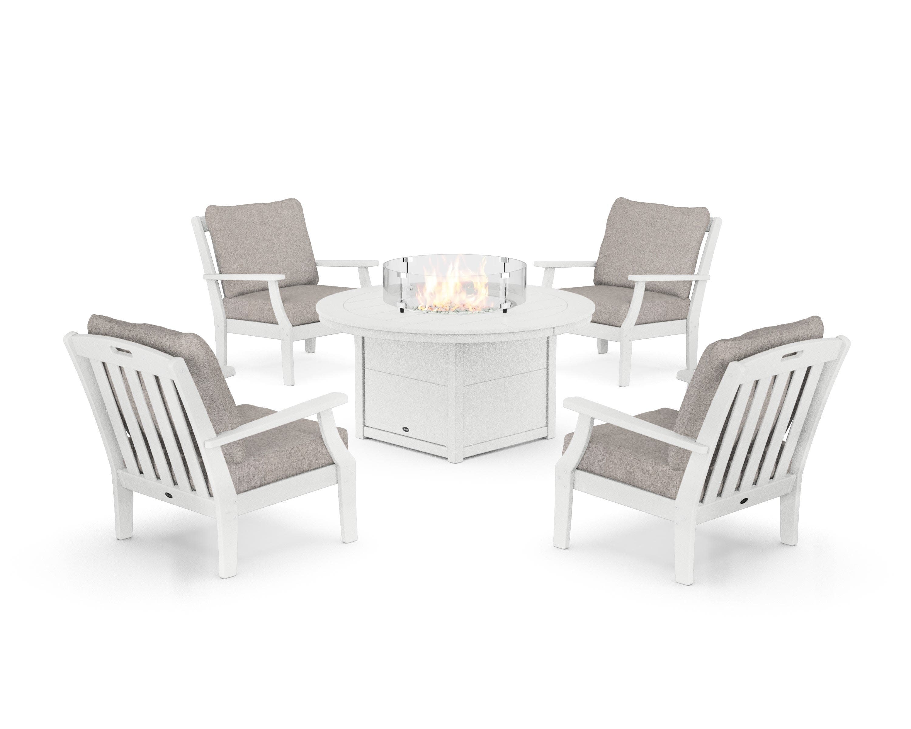 Yacht Club 5-Piece Deep Seating Set with Round Fire Pit Table in Classic White / Weathered Tweed