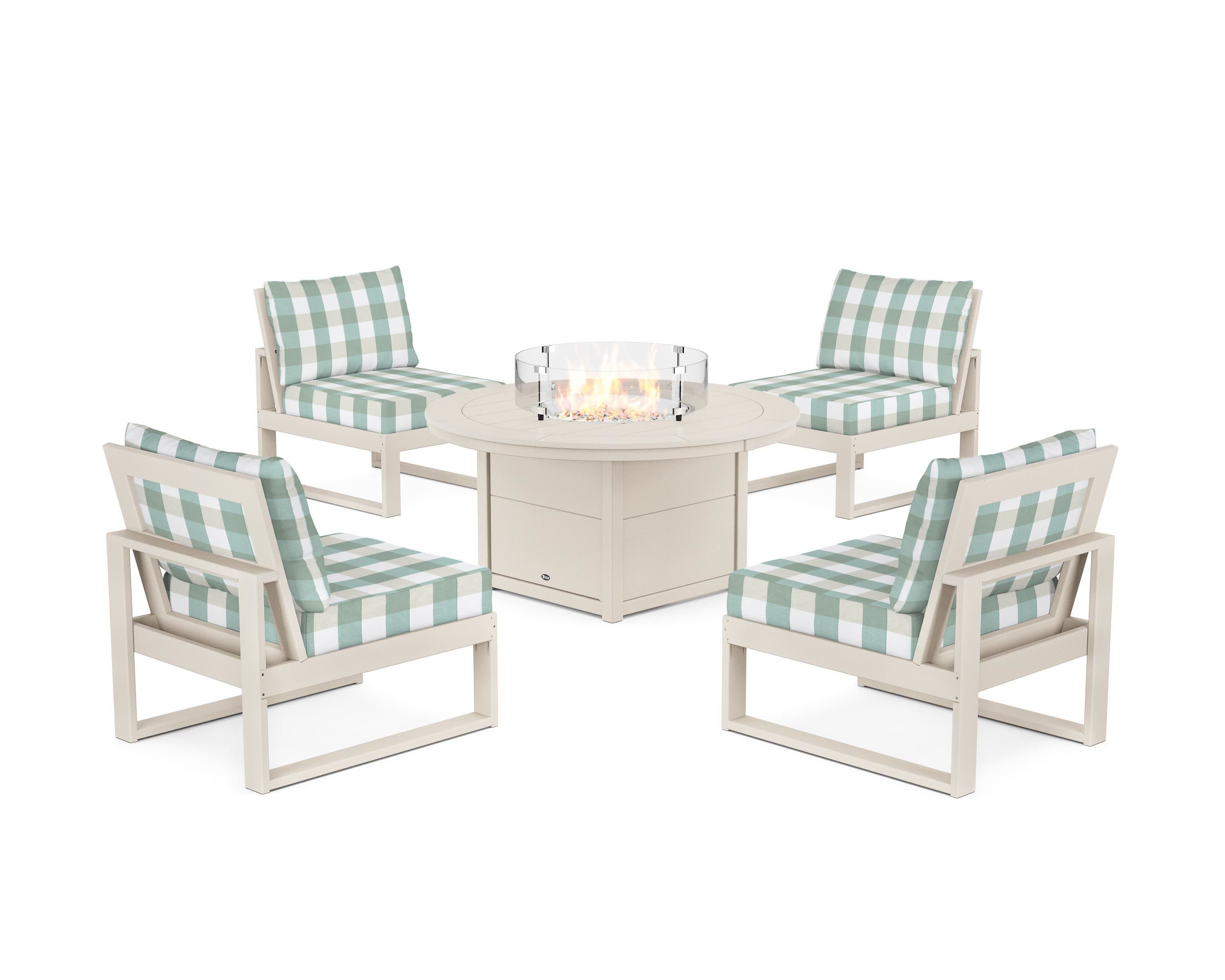 Eastport Modular 5-Piece Deep Seating Set with Round Fire Pit Table in Sand Castle / Buffalo Plaid Glacier Spa