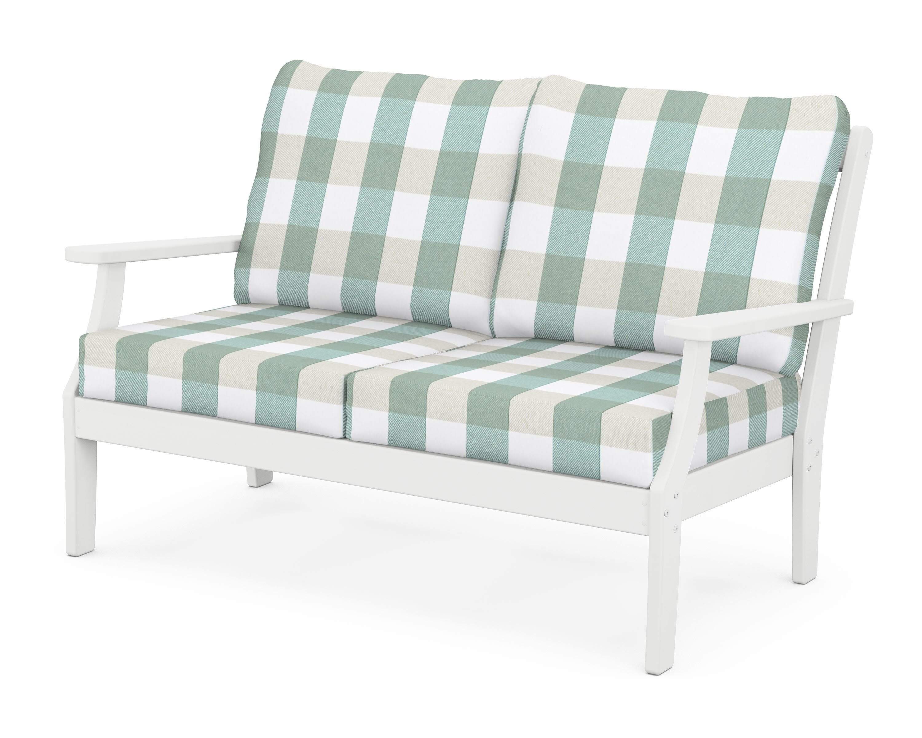 Yacht Club Deep Seating Loveseat in Classic White / Buffalo Plaid Glacier Spa