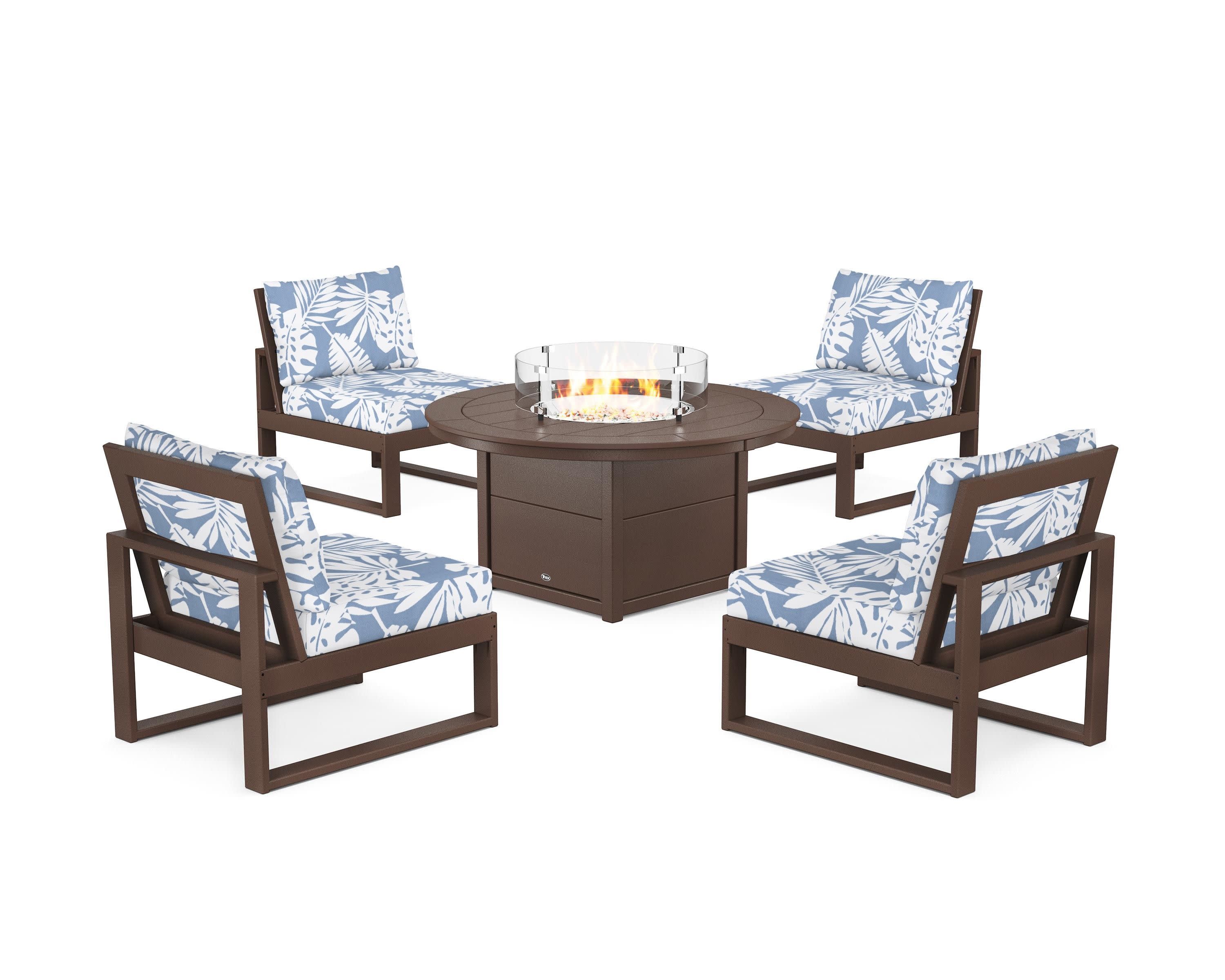 Eastport Modular 5-Piece Deep Seating Set with Round Fire Pit Table in Vintage Lantern / Leaf Sky Blue