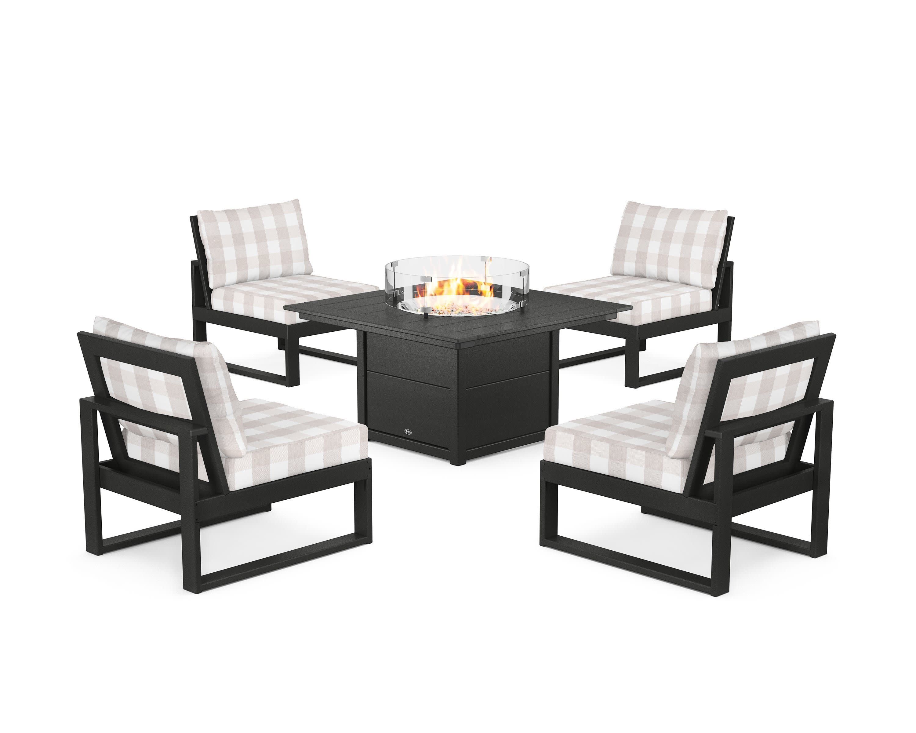 Eastport Modular 5-Piece Deep Seating Set with Square Fire Pit Table in Charcoal Black / Buffalo Plaid Dune Burlap
