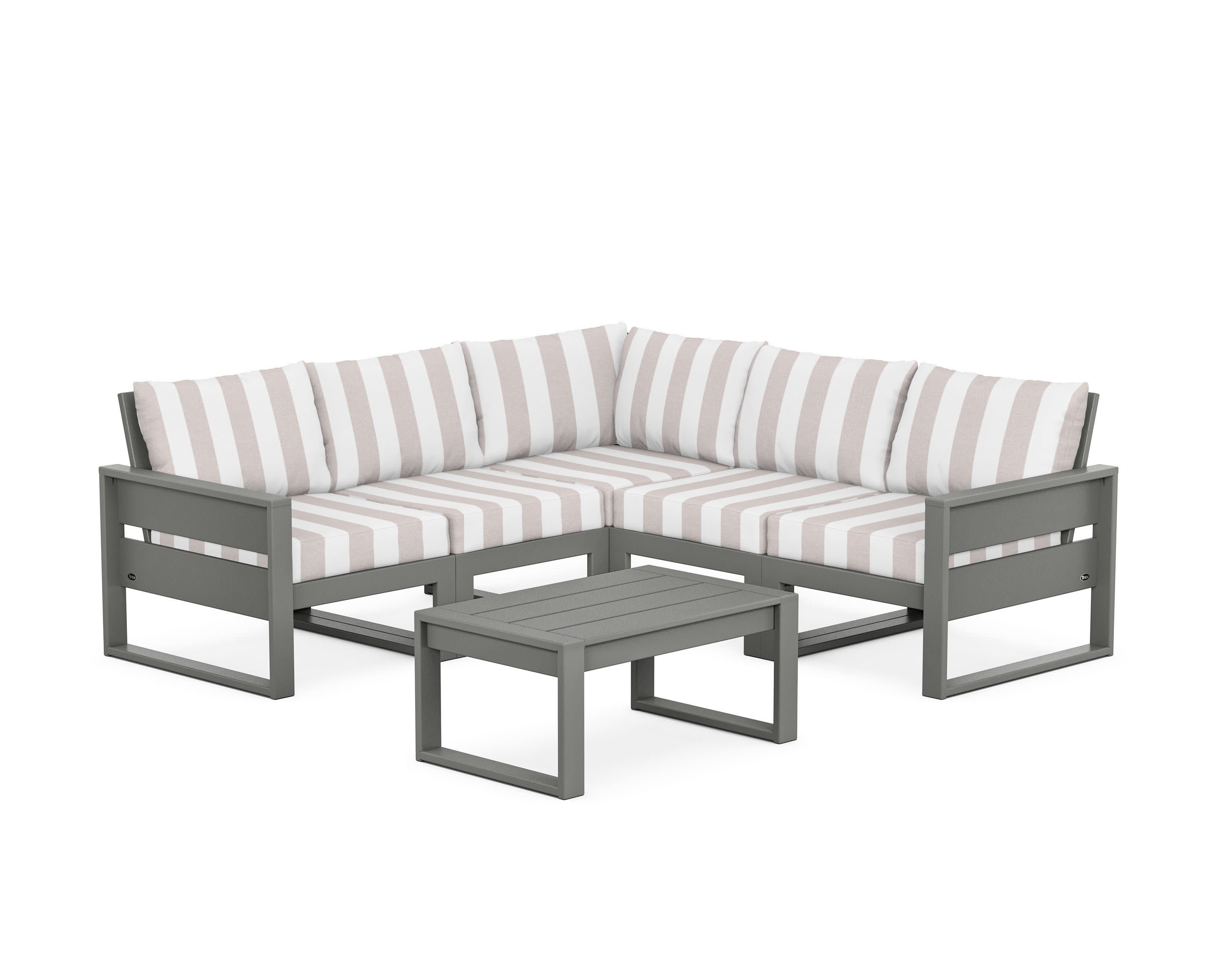 Eastport 6-Piece Deep Seating Sectional + Coffee Table Set in Stepping Stone / Cabana Stripe Dune Burlap