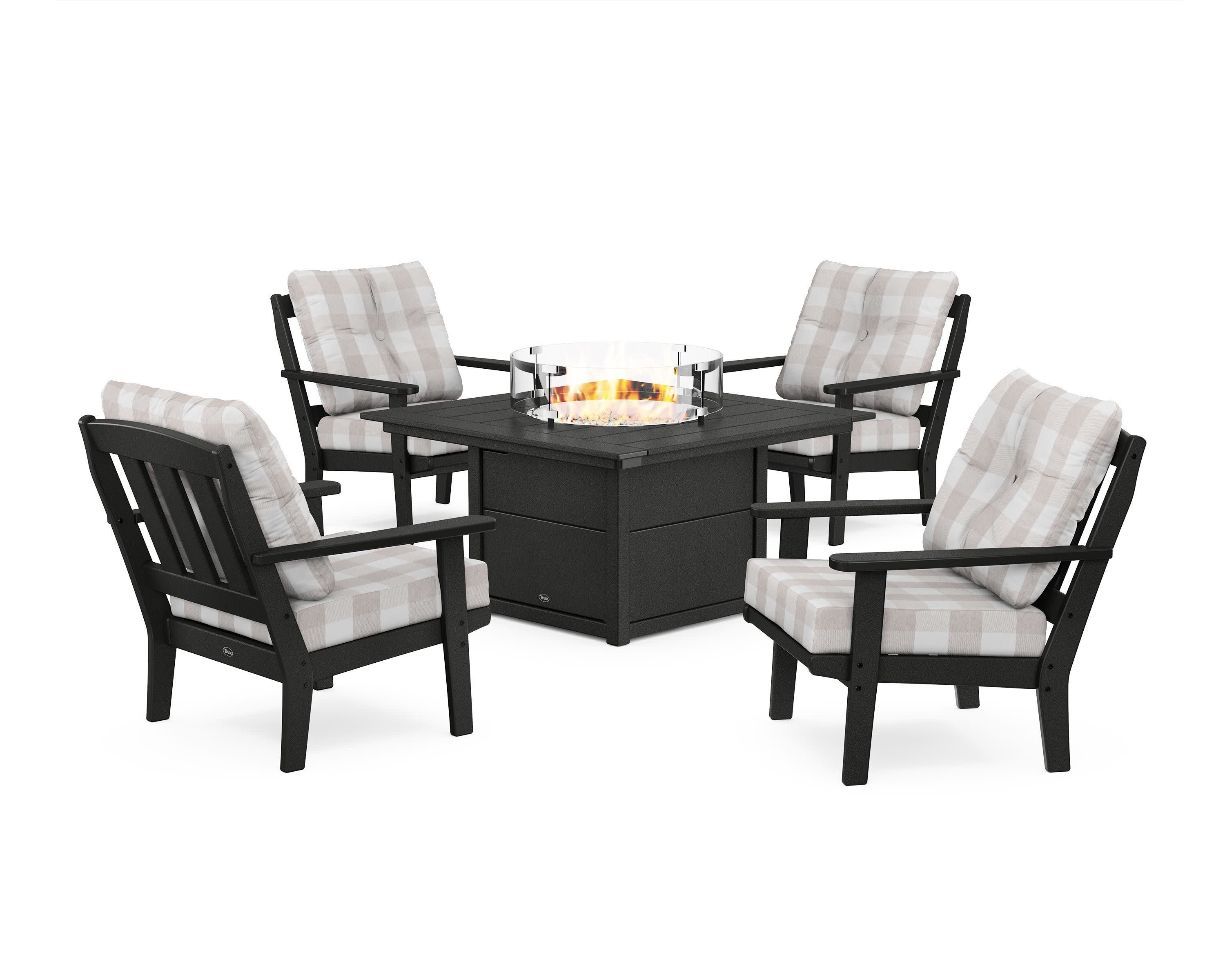 Cape Cod 5-Piece Deep Seating Set with Fire Pit Table in Charcoal Black / Buffalo Plaid Dune Burlap