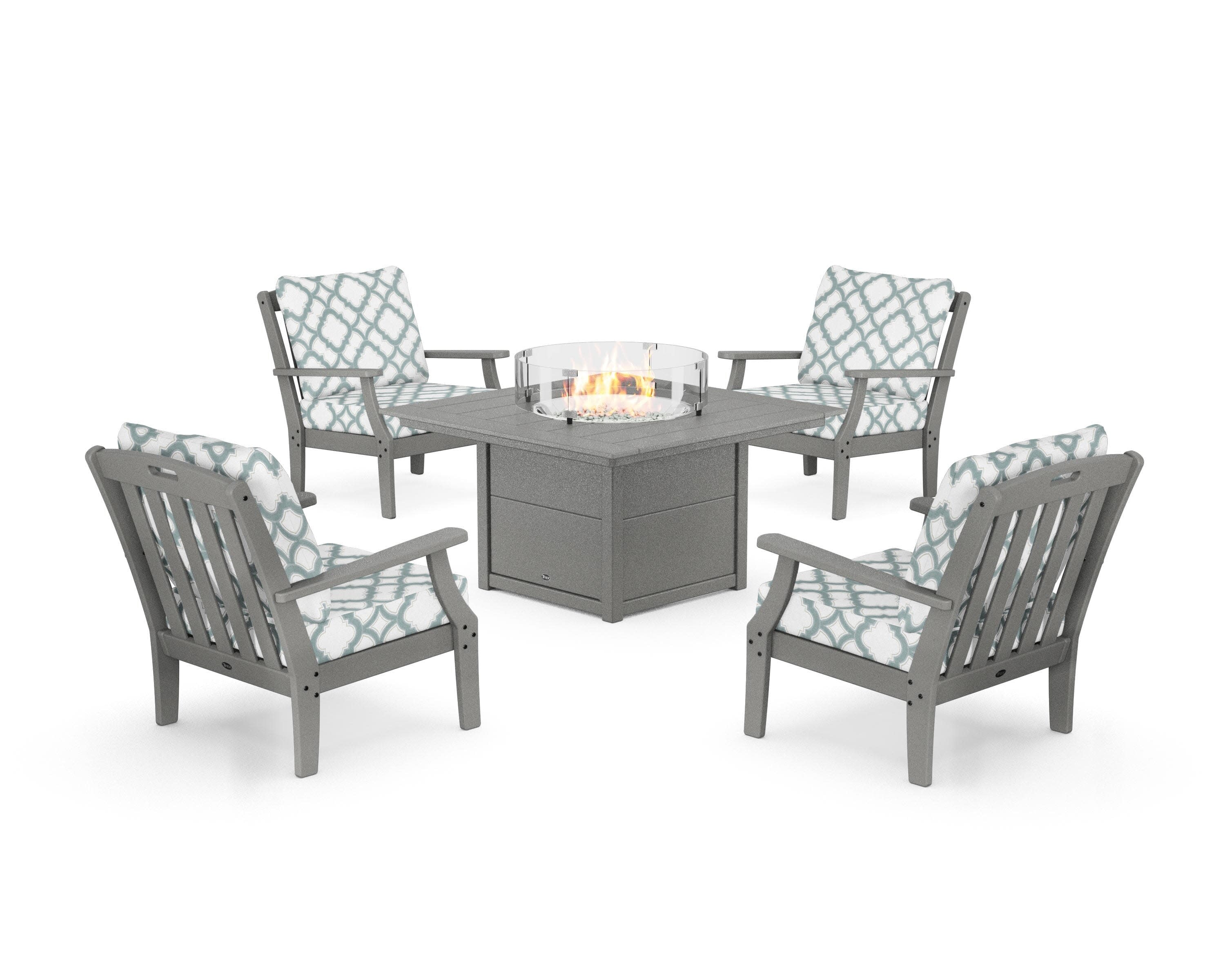 Yacht Club 5-Piece Deep Seating Set with Square Fire Pit Table in Stepping Stone / Trellis Glacier Spa
