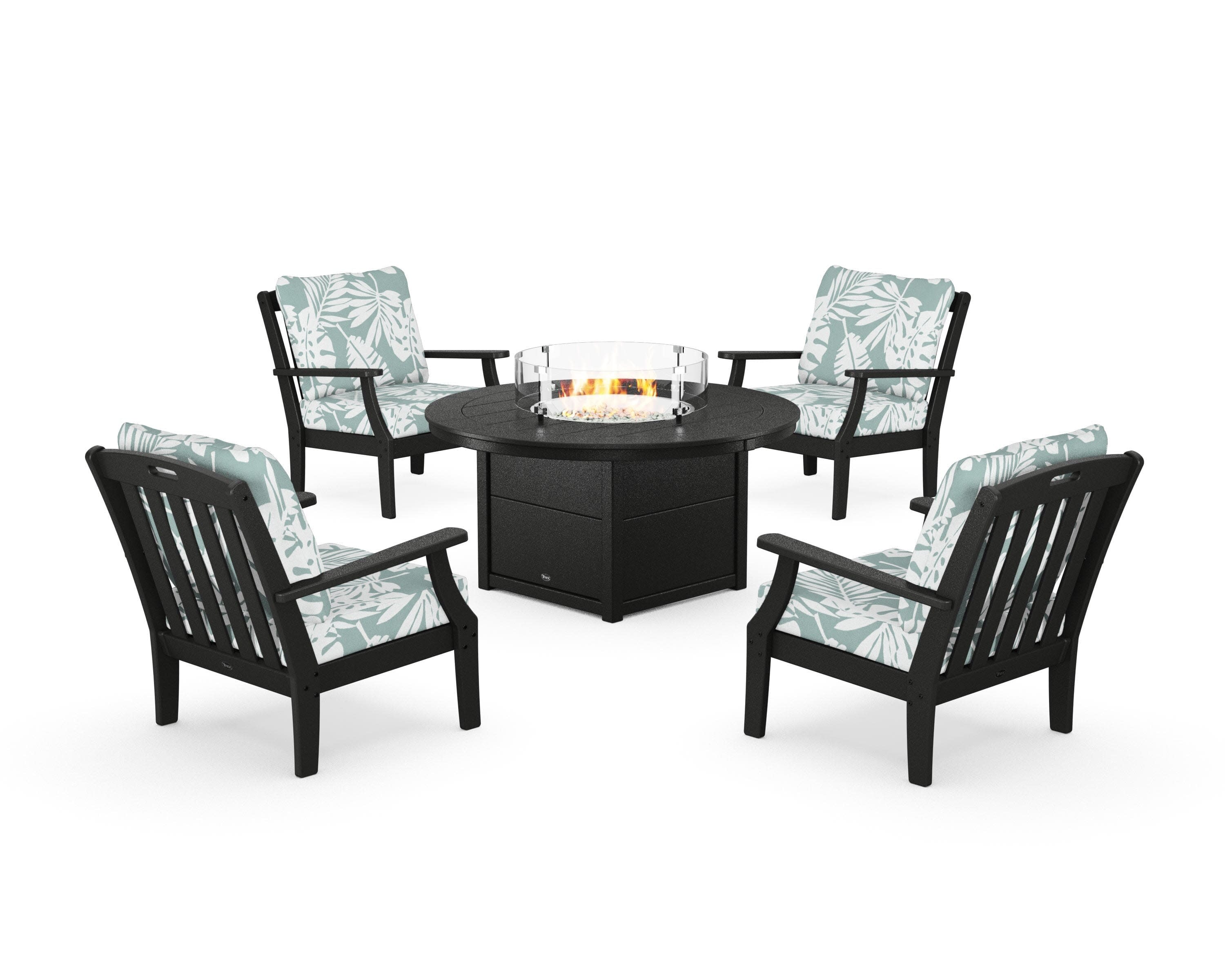Yacht Club 5-Piece Deep Seating Set with Round Fire Pit Table in Charcoal Black / Leaf Glacier Spa