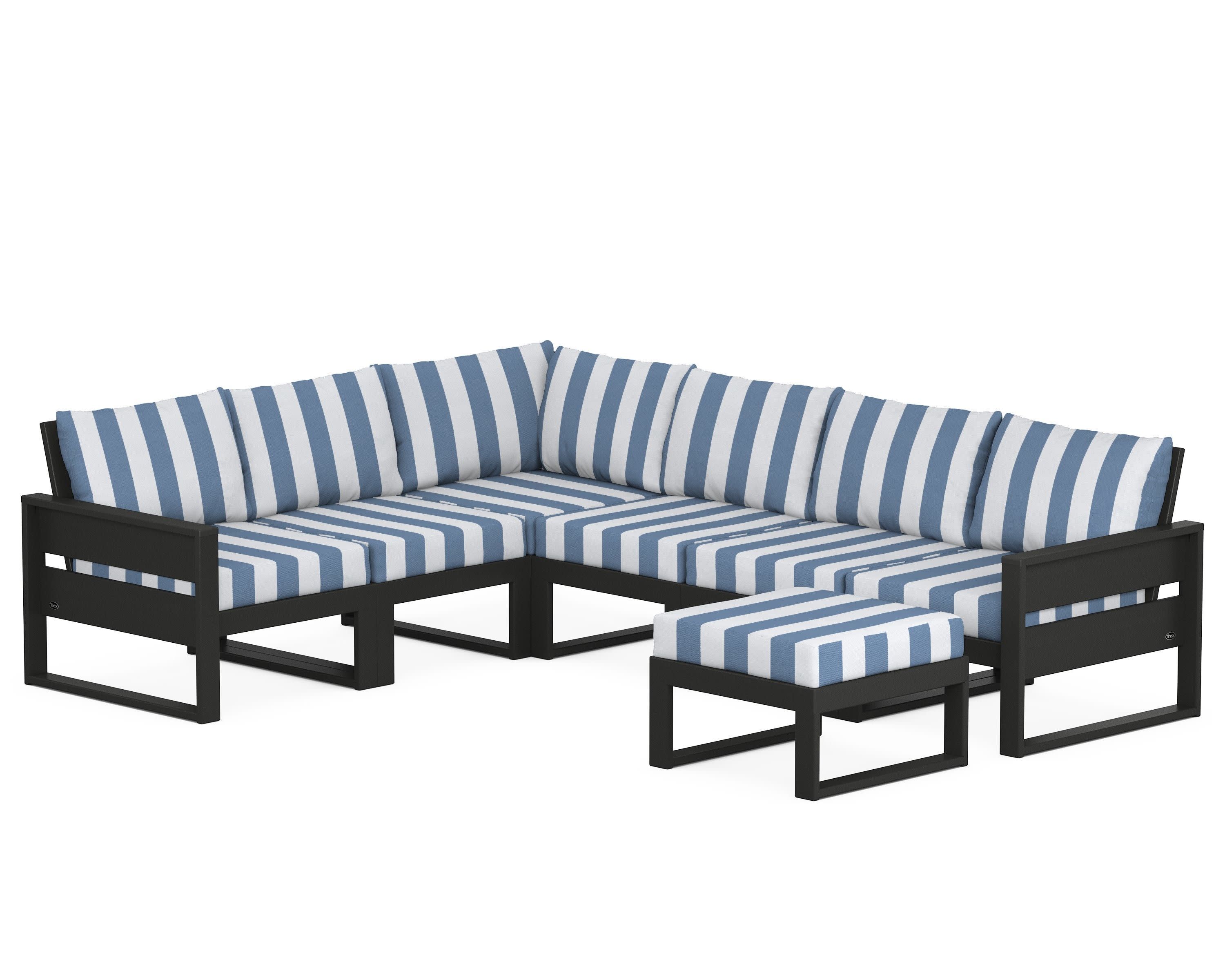 Eastport 6-Piece Sectional with Ottoman in Charcoal Black / Cabana Stripe Sky Blue