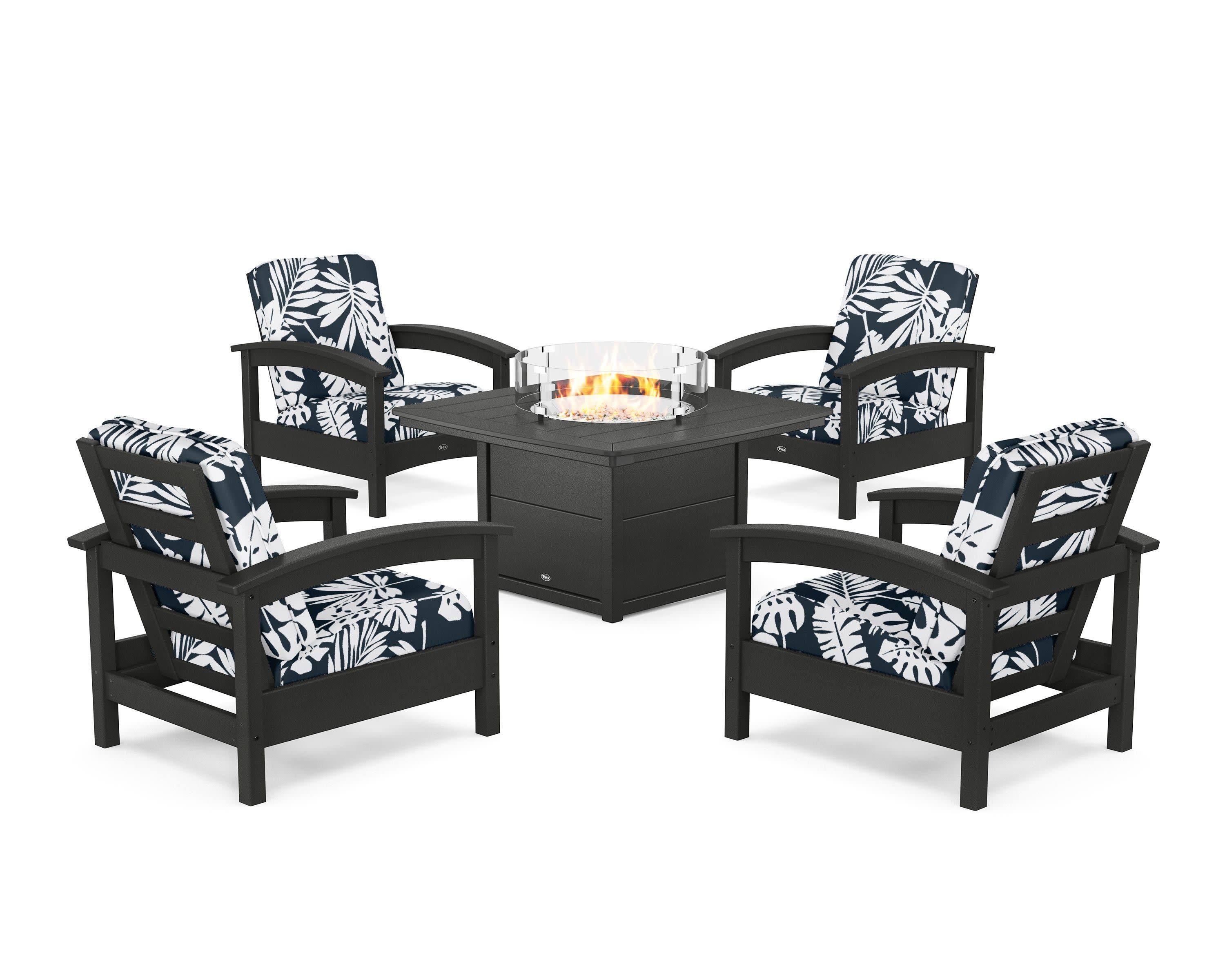Rockport 5-Piece Deep Seating Set with Yacht Club Fire Pit Table in Charcoal Black / Leaf Marine Indigo