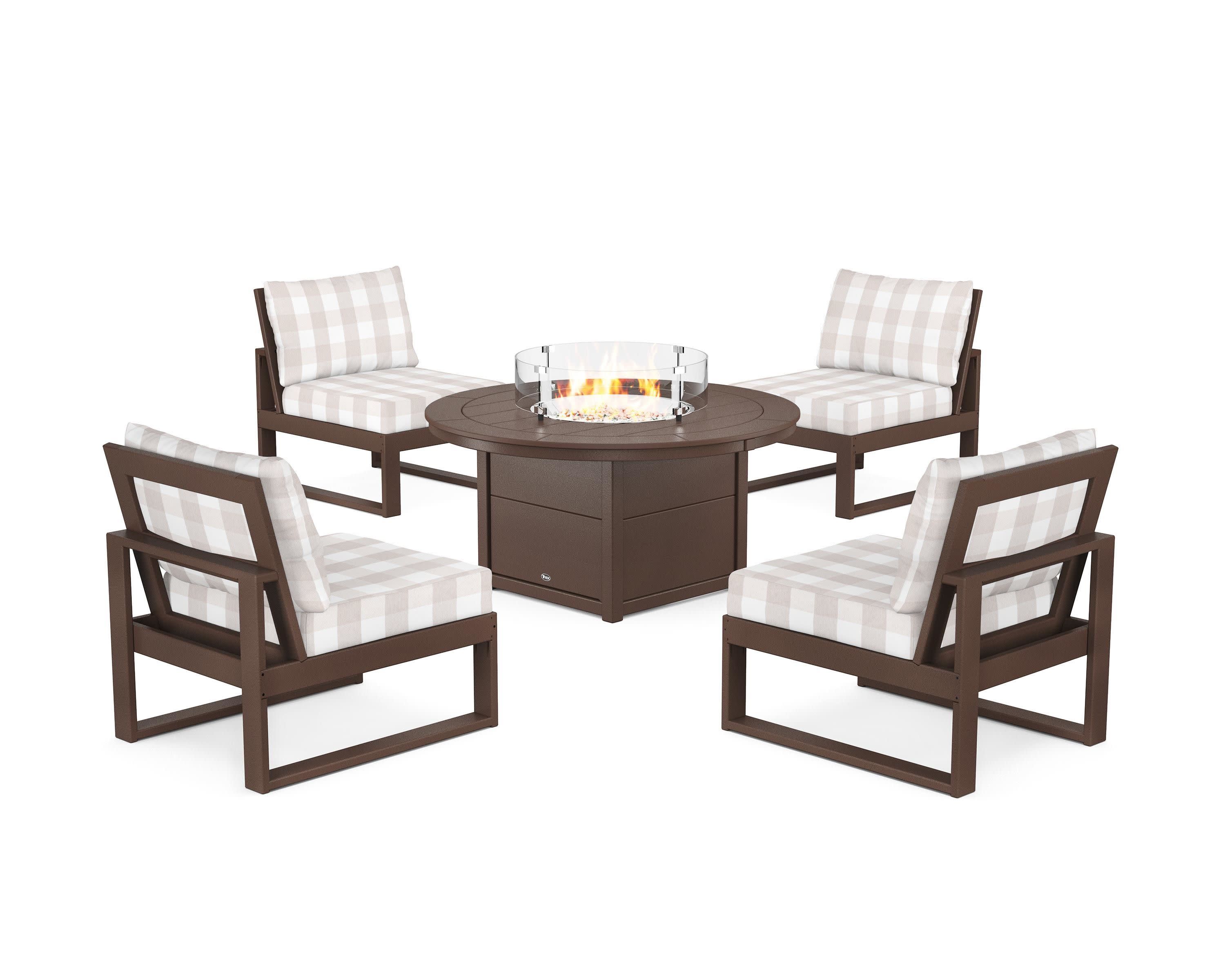Eastport Modular 5-Piece Deep Seating Set with Round Fire Pit Table in Vintage Lantern / Buffalo Plaid Dune Burlap
