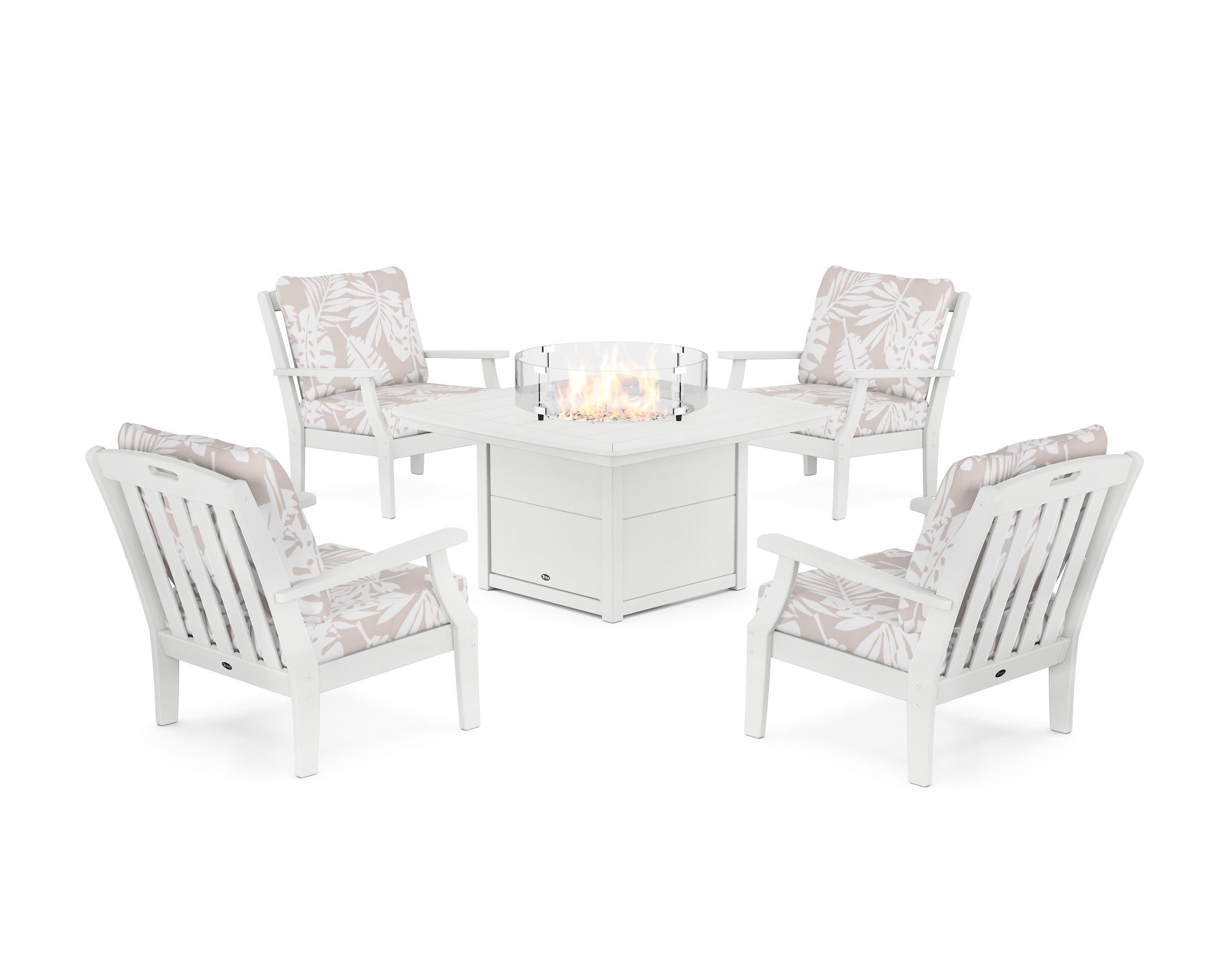 Yacht Club 5-Piece Deep Seating Set with Fire Pit Table in Classic White / Leaf Dune Burlap