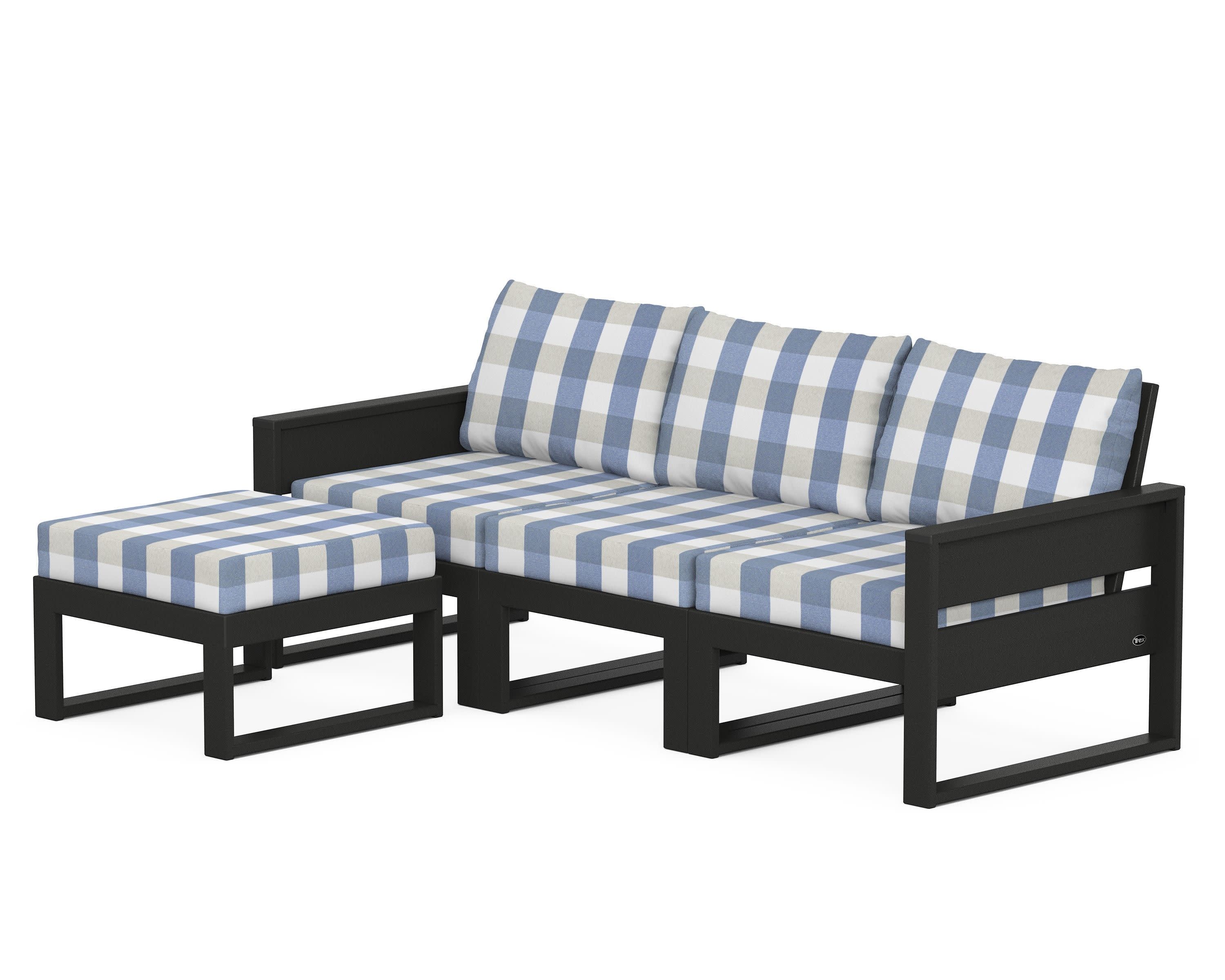 Eastport 4- Piece Sectional with Ottoman in Charcoal Black / Buffalo Plaid Sky Blue