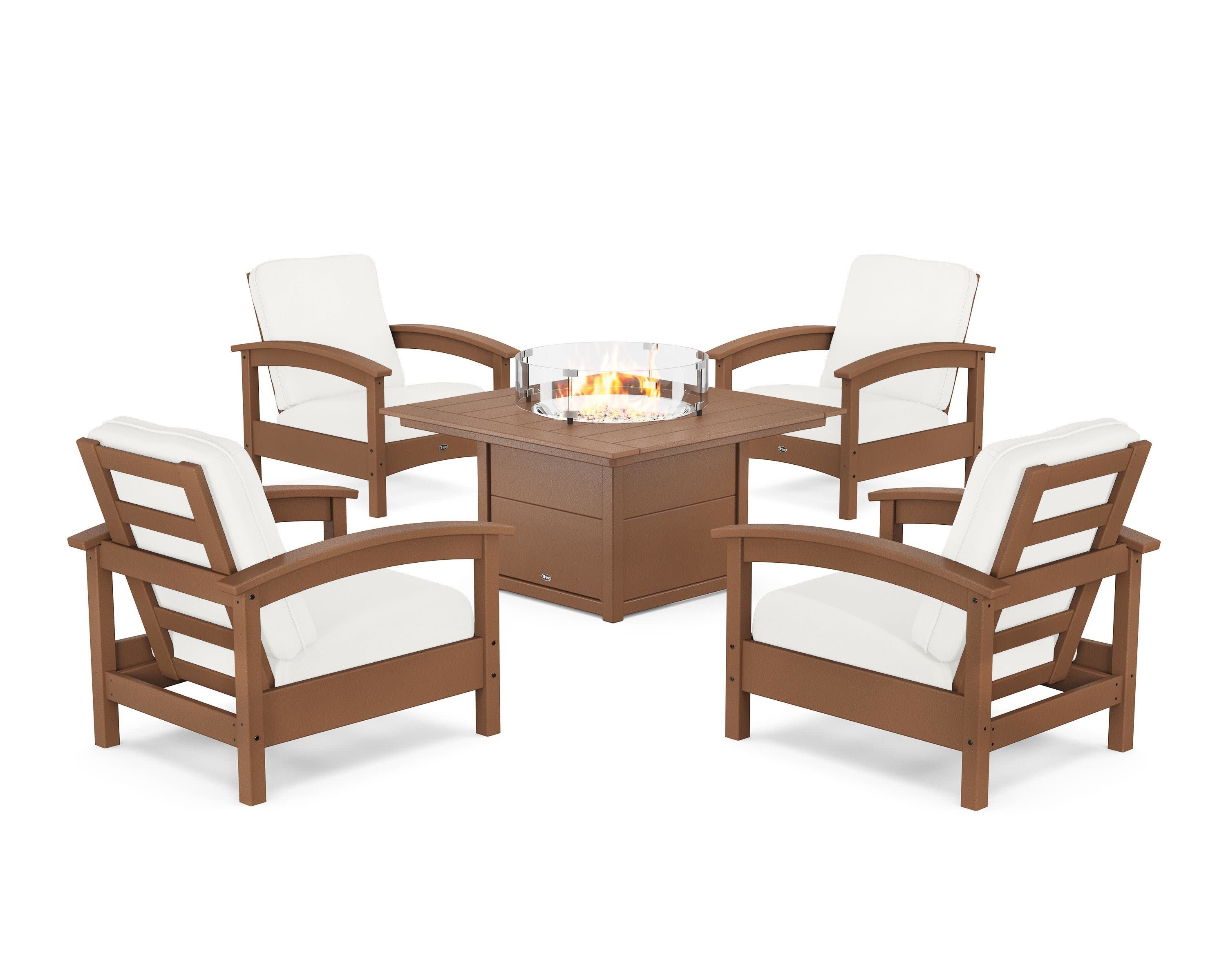 Rockport 5-Piece Deep Seating Set with Square Fire Pit Table in Tree House / Natural Linen