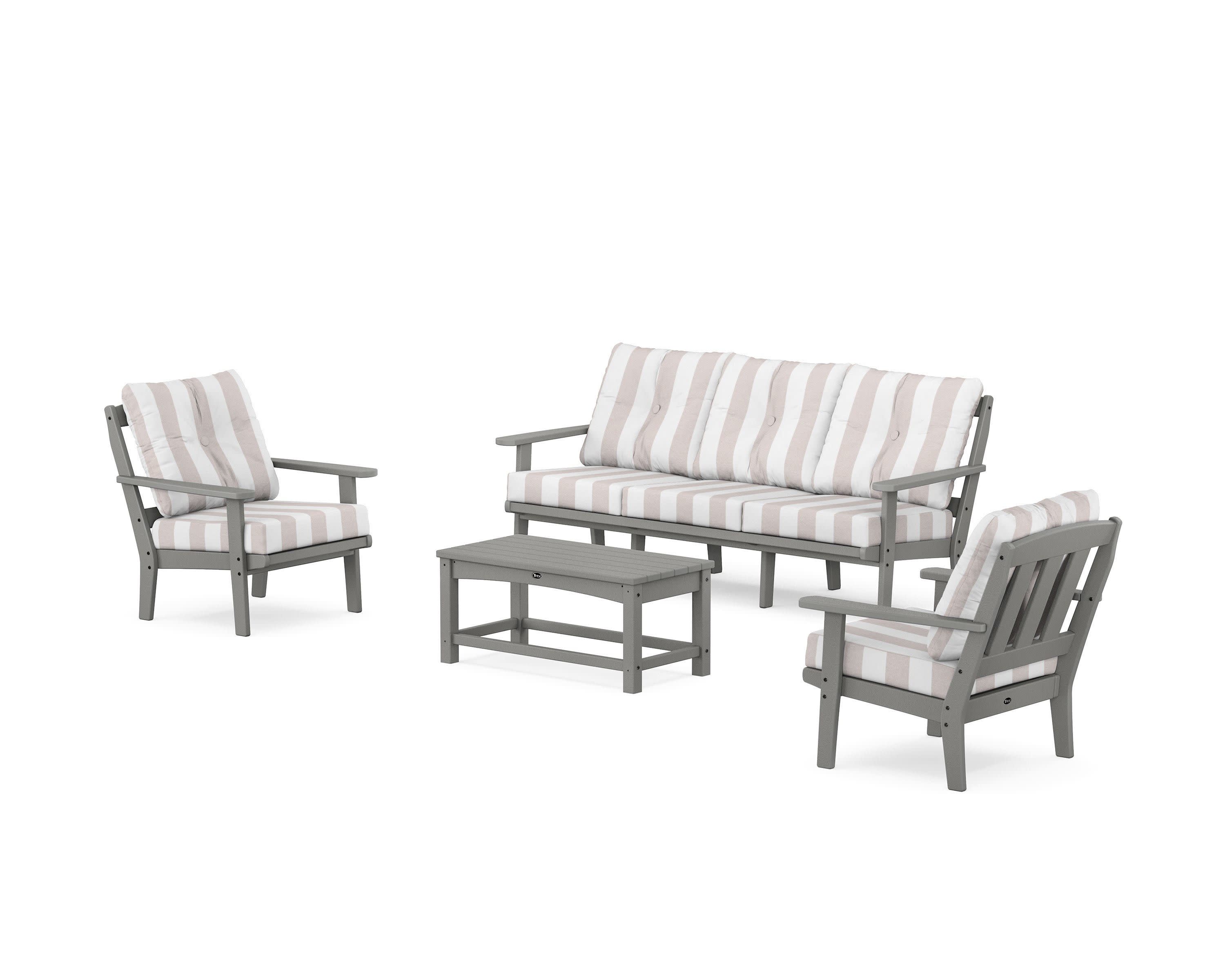Cape Cod 4-Piece Deep Seating Set with Sofa in Stepping Stone / Cabana Stripe Dune Burlap