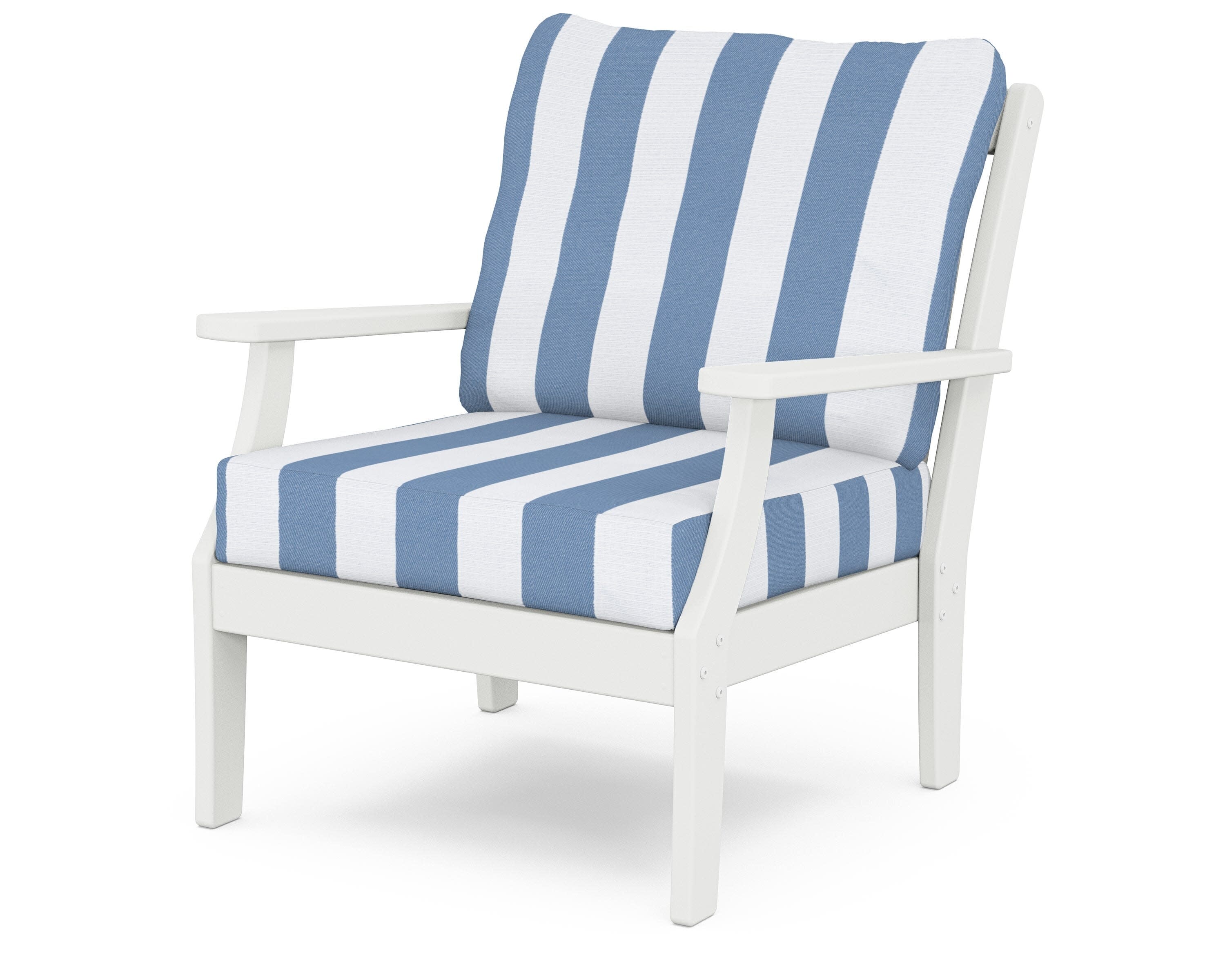 Yacht Club Deep Seating Chair in Classic White / Cabana Stripe Sky Blue