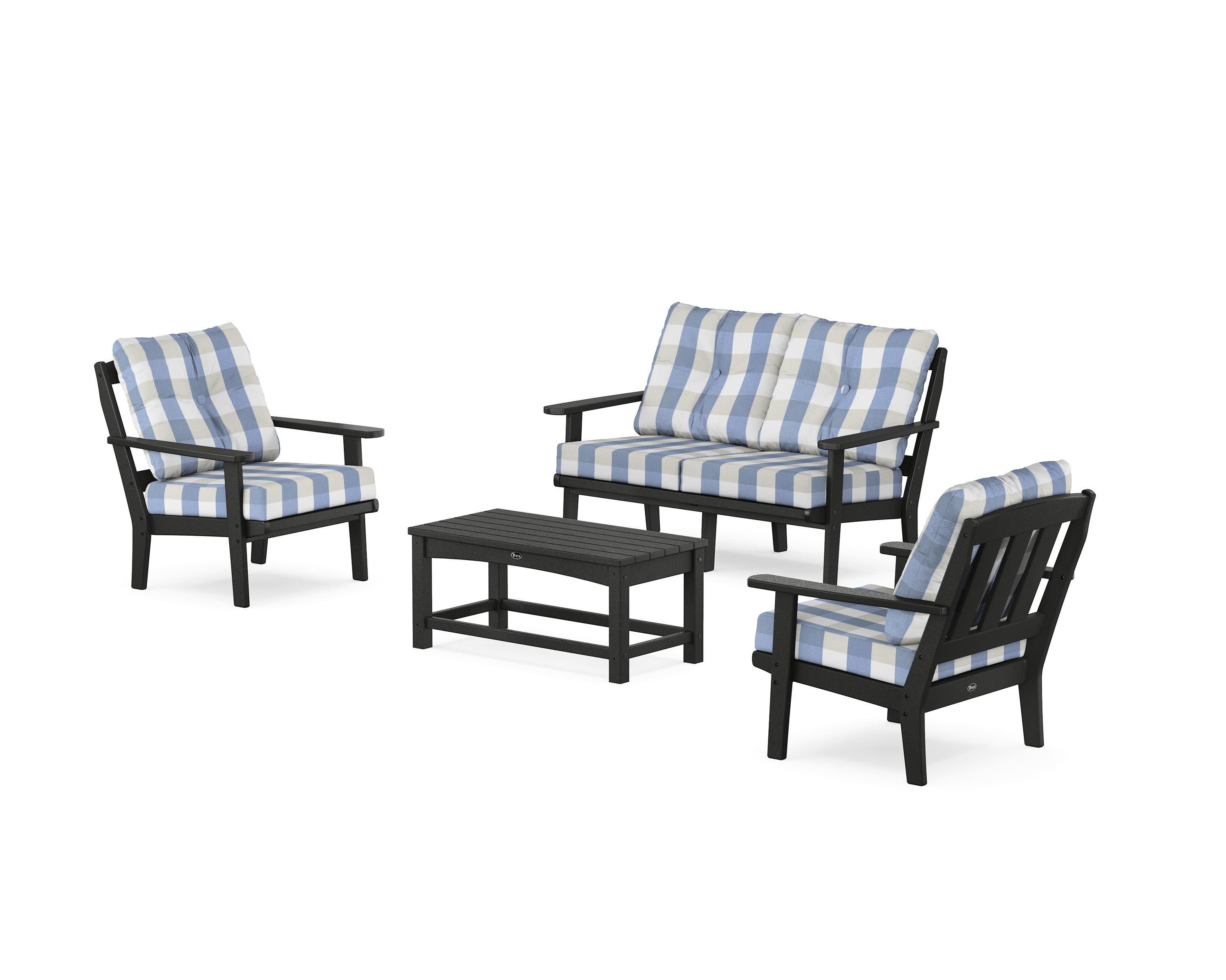 Cape Cod 4-Piece Deep Seating Set with Loveseat in Charcoal Black / Buffalo Plaid Sky Blue