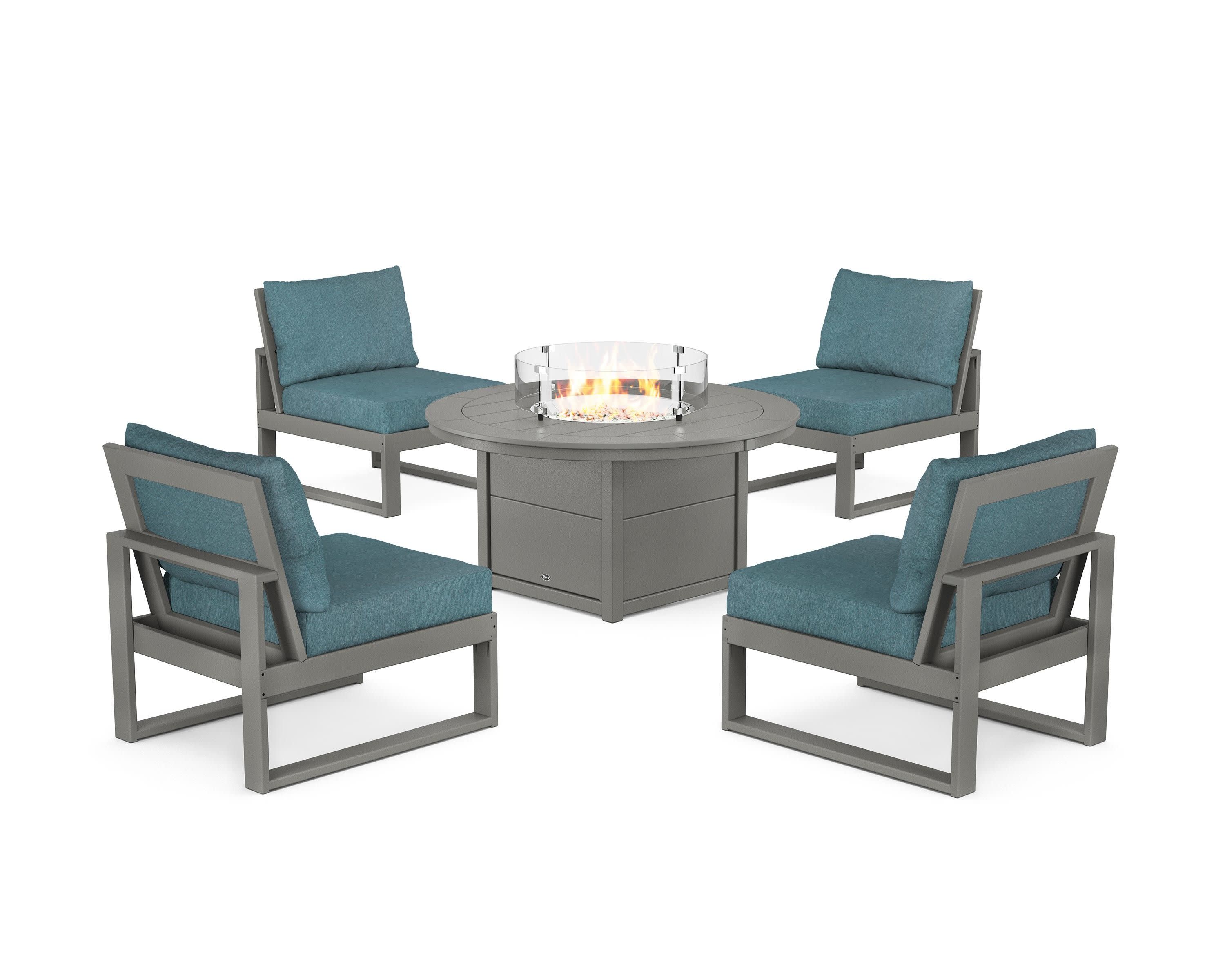 Eastport Modular 5-Piece Deep Seating Set with Round Fire Pit Table in Stepping Stone / Ocean Teal