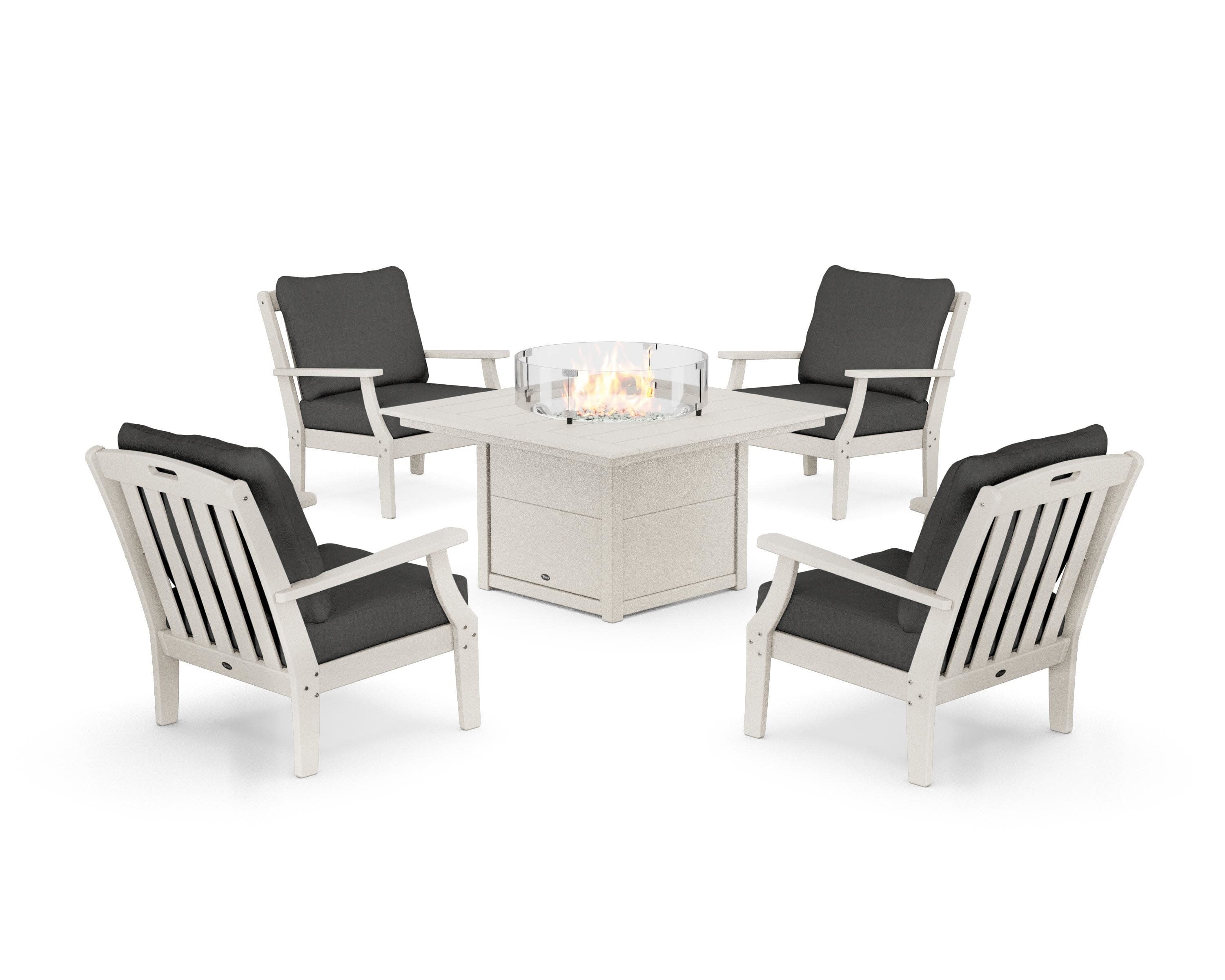 Yacht Club 5-Piece Deep Seating Set with Square Fire Pit Table in Sand Castle / Spectrum Carbon