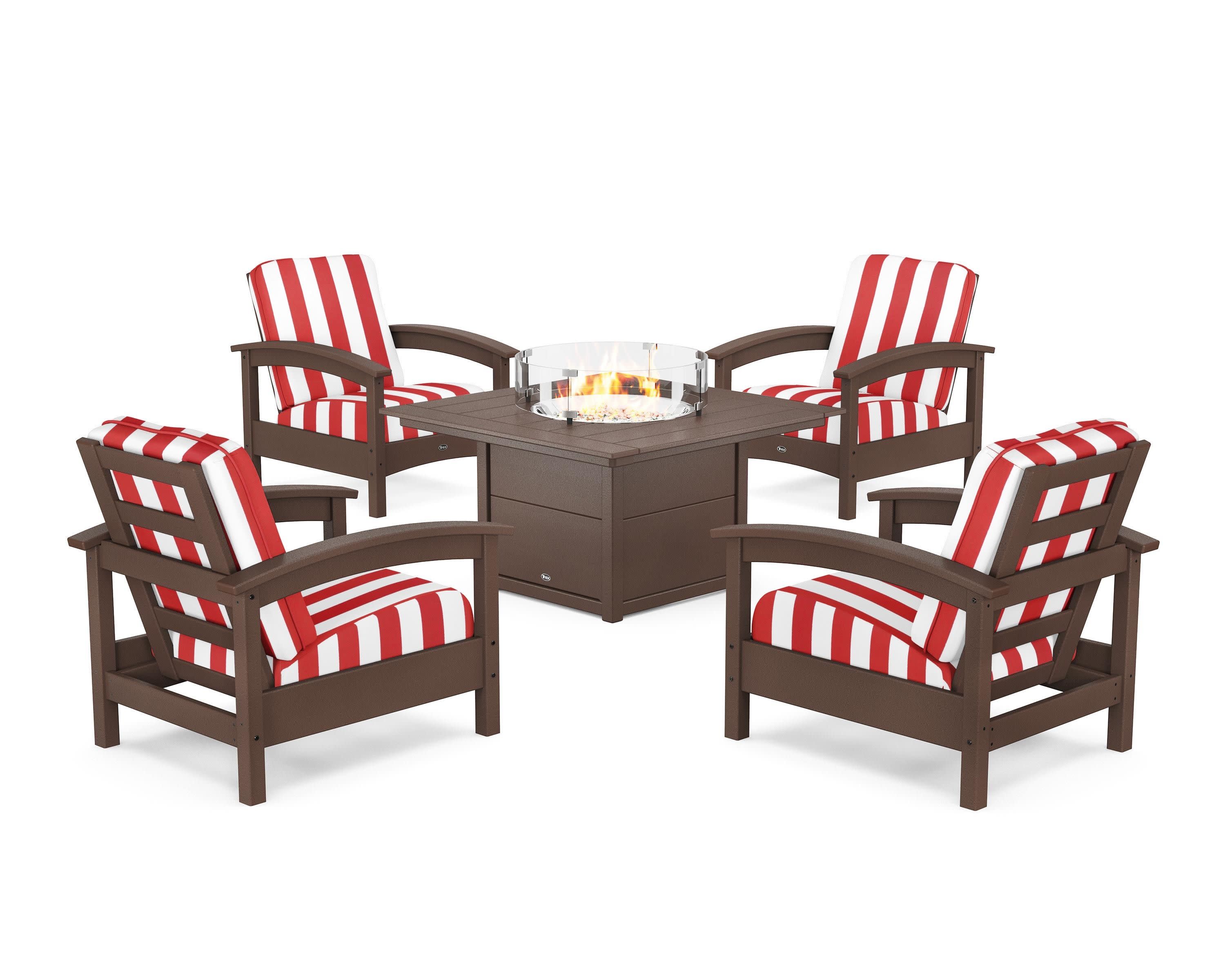 Rockport 5-Piece Deep Seating Set with Square Fire Pit Table in Vintage Lantern / Cabana Stripe Crimson