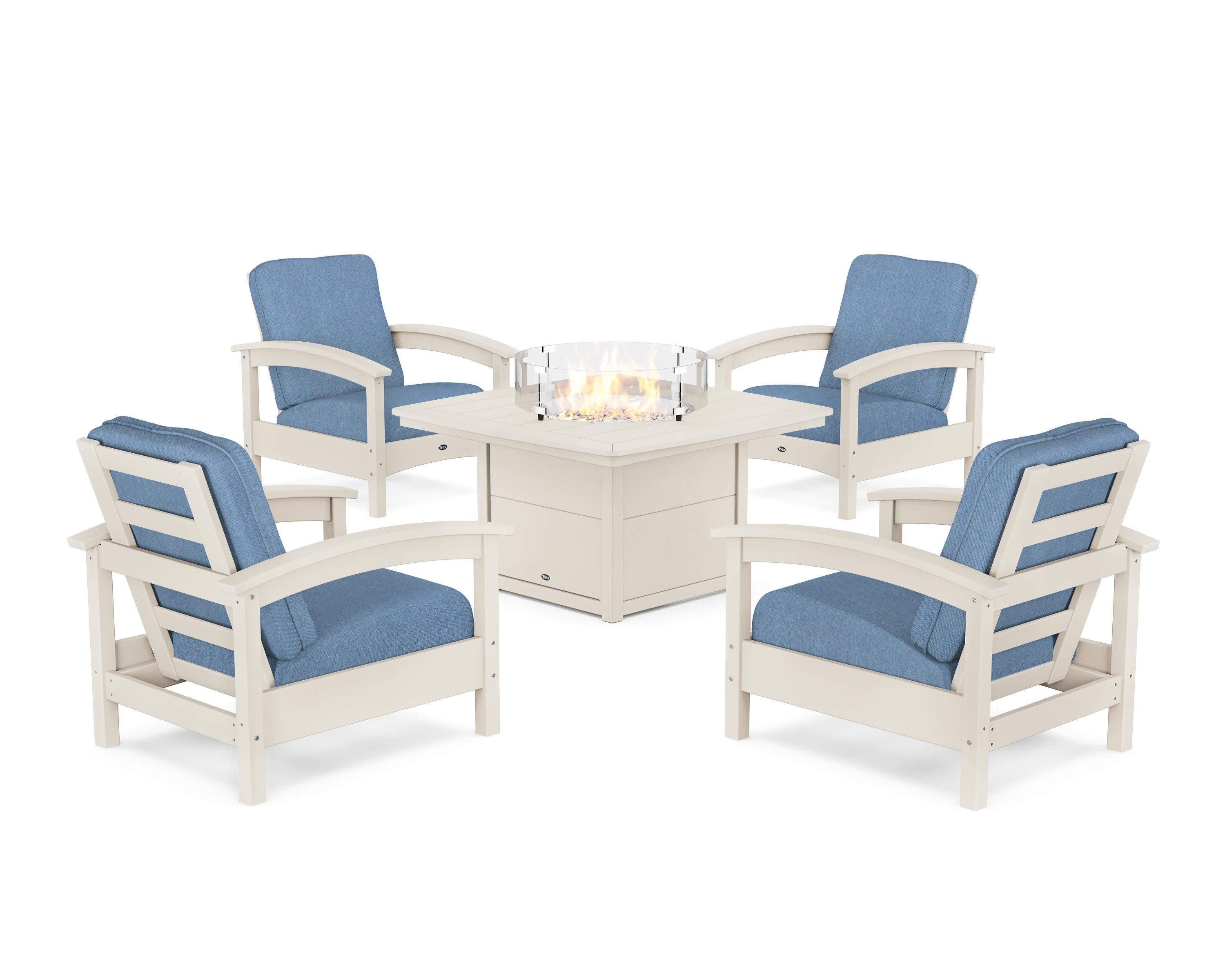 Rockport 5-Piece Deep Seating Set with Yacht Club Fire Pit Table in Sand Castle / Sky Blue